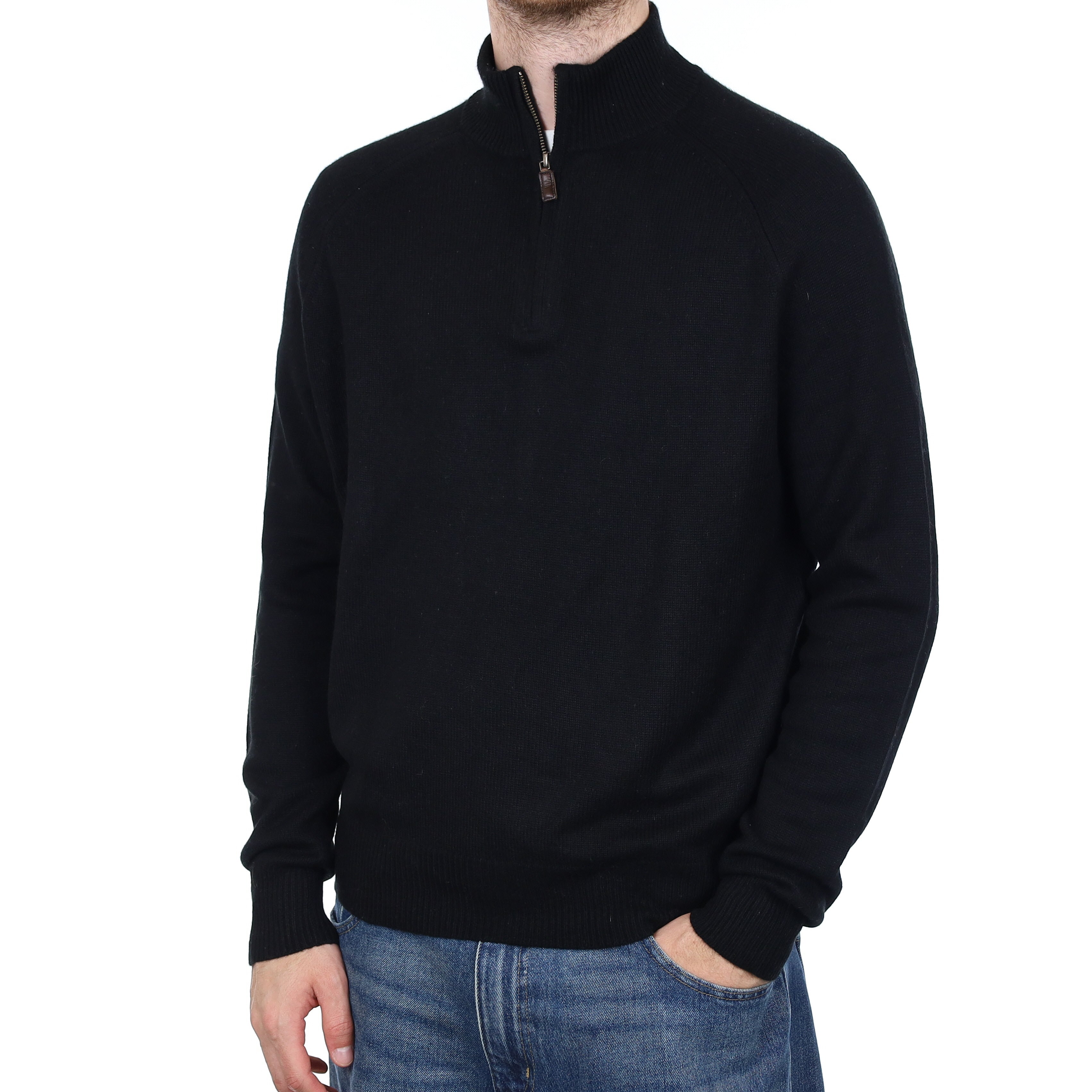 Men's Black Heavy Knit Cashmere 1/4 Zip Jumper Large