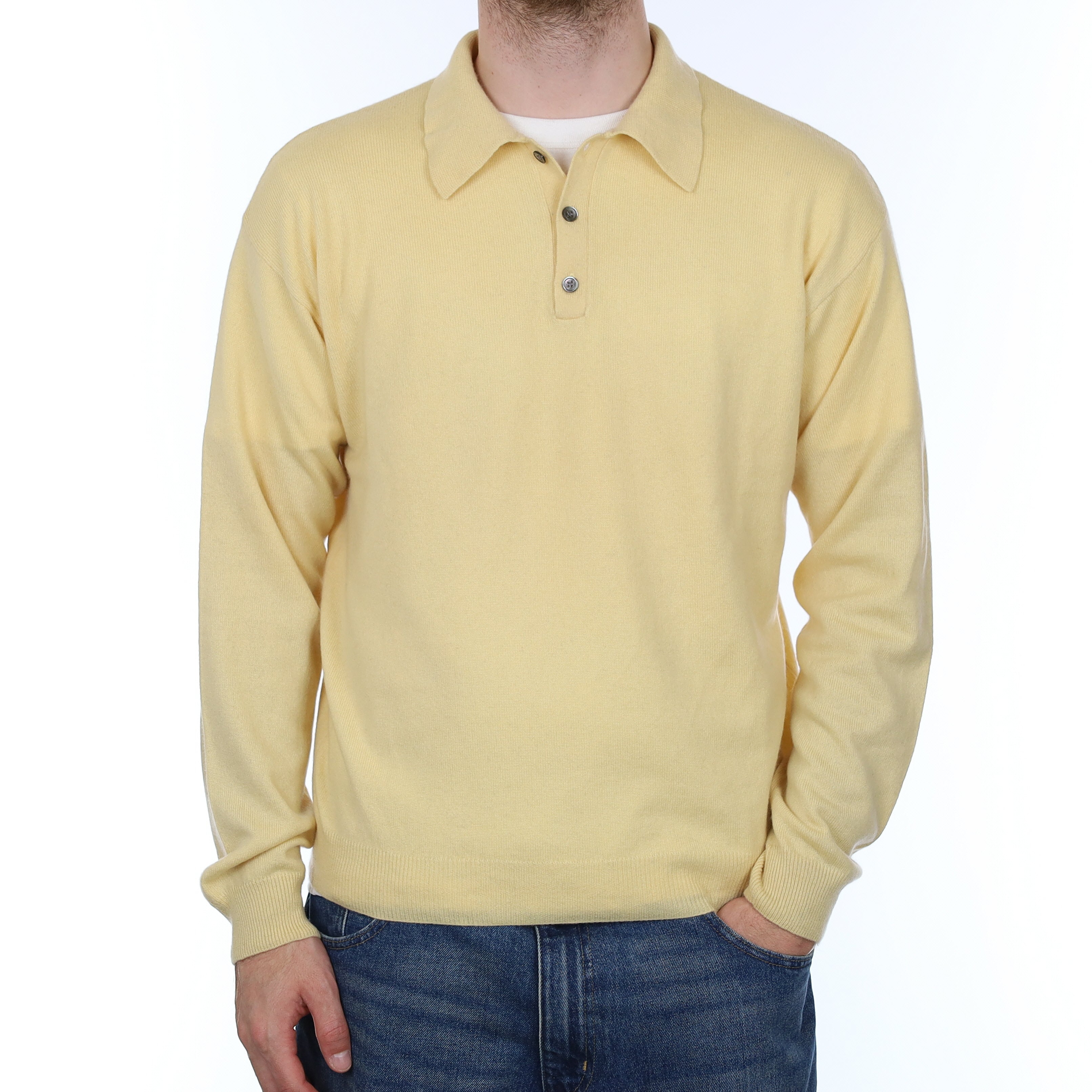Men's Custard Yellow Cashmere Collared 1/4 Button Jumper Large