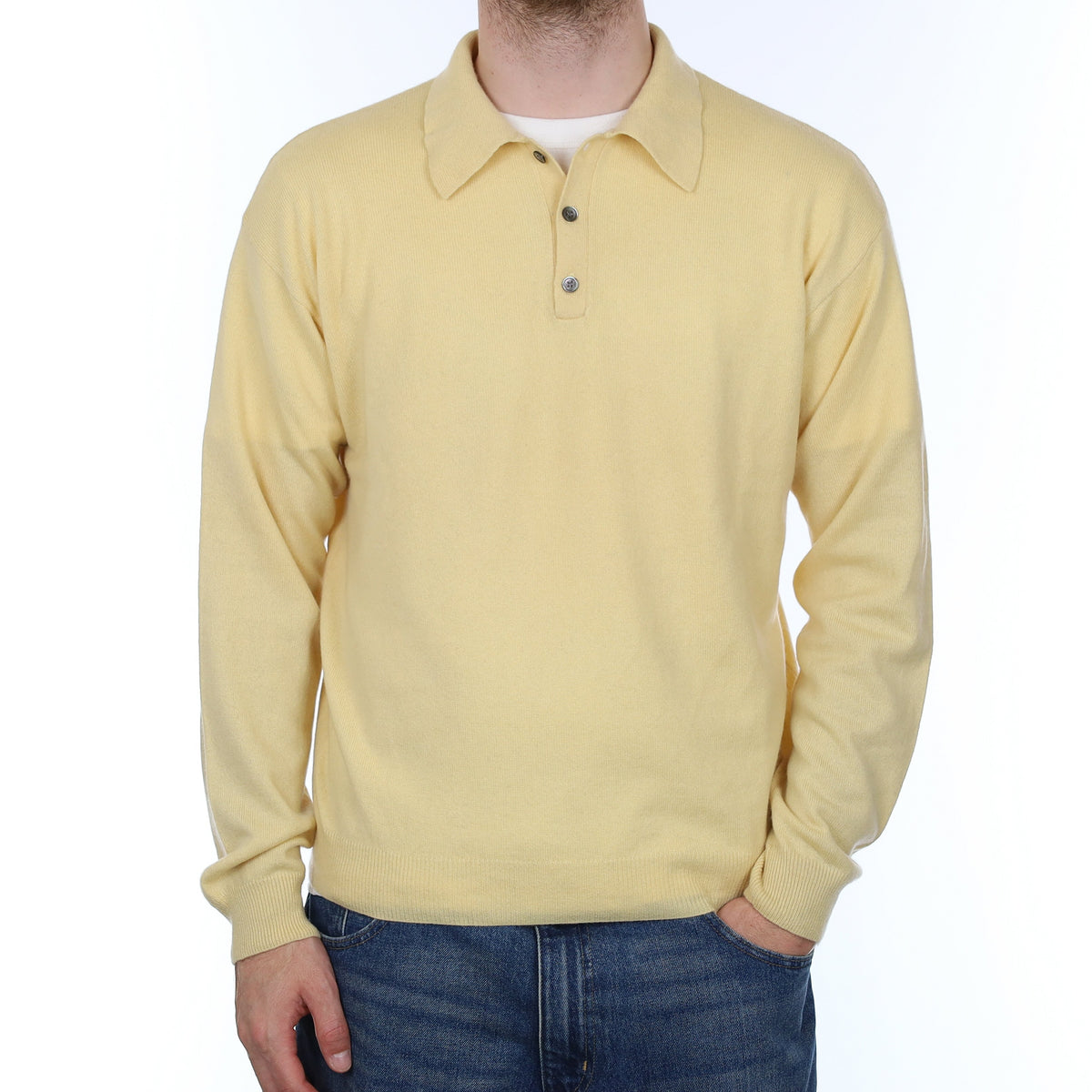 Men's Custard Yellow Cashmere Collared 1/4 Button Jumper Large