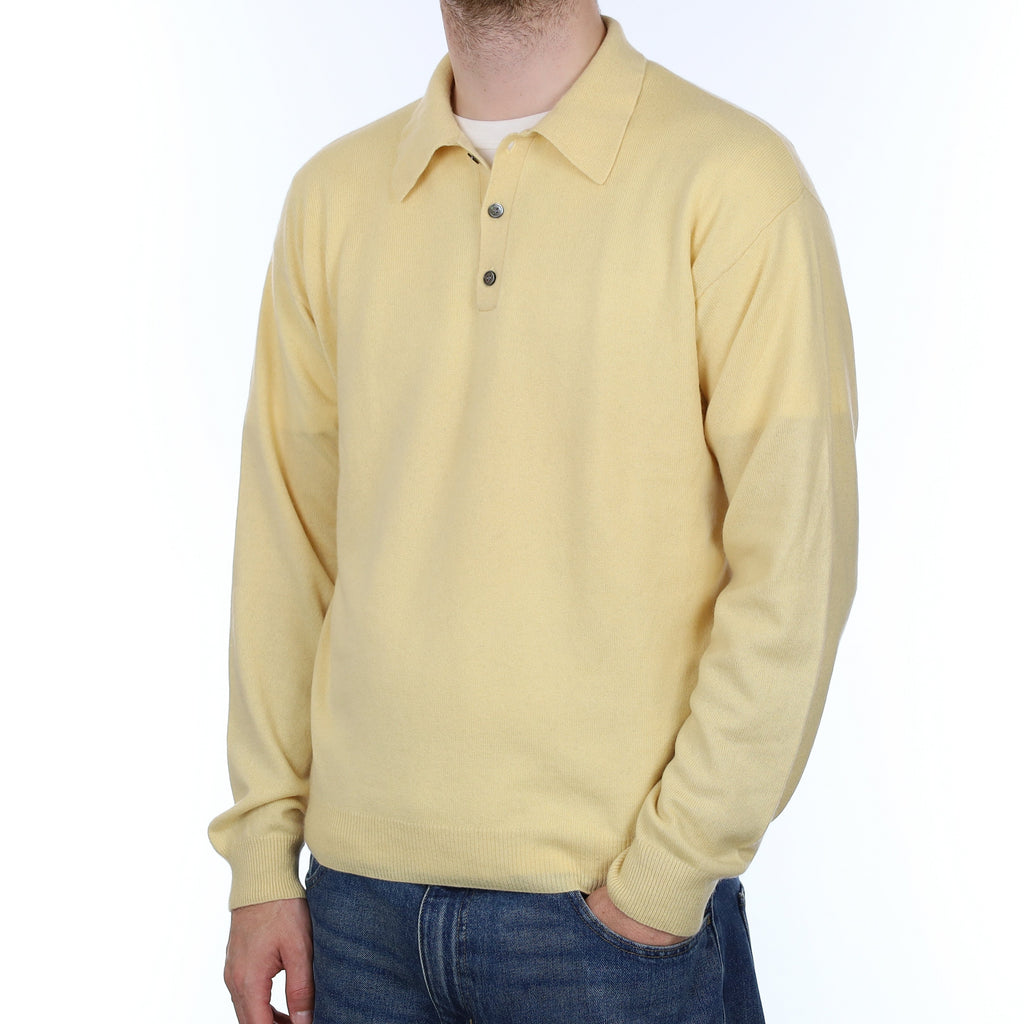 Men's Custard Yellow Cashmere Collared 1/4 Button Jumper Large