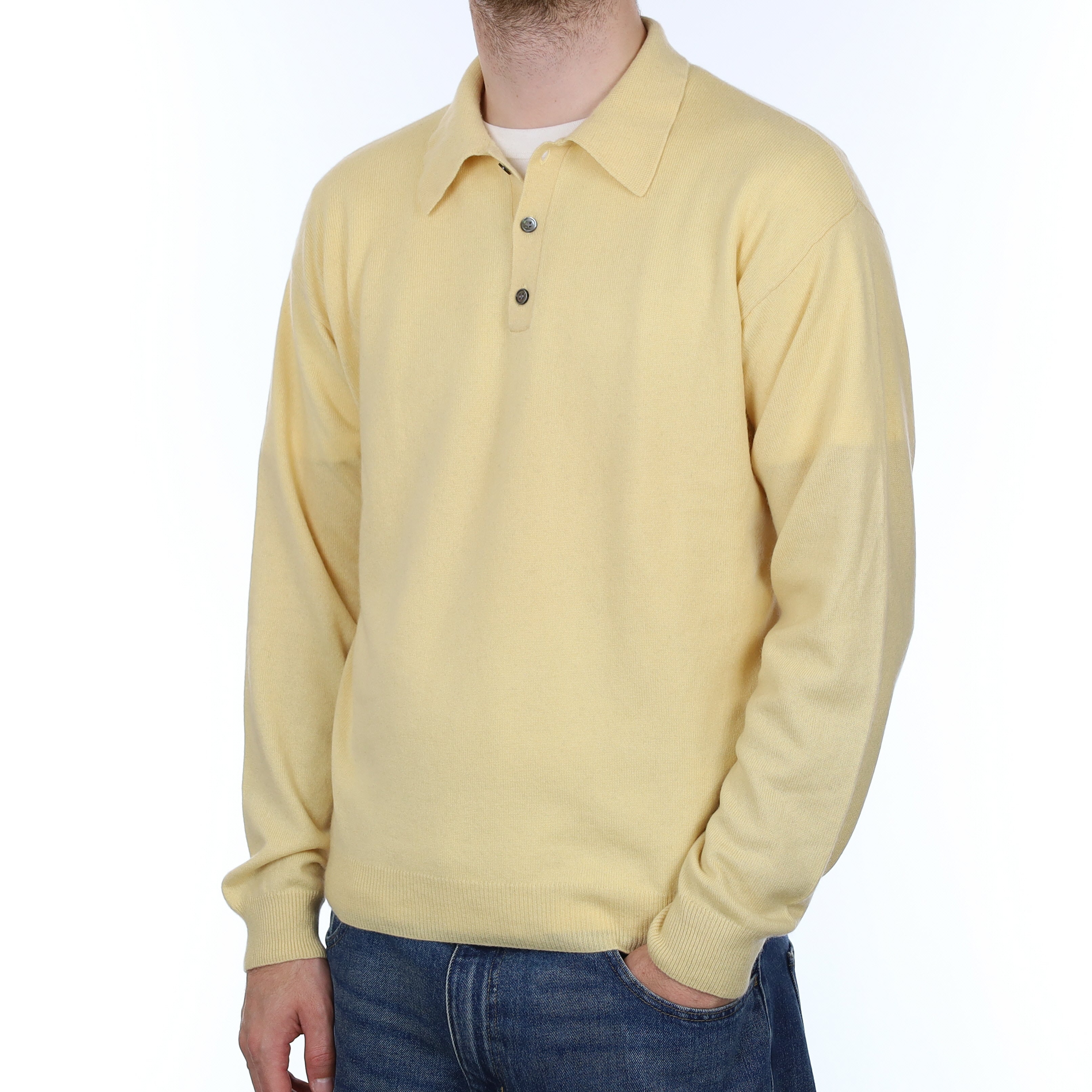 Men's Custard Yellow Cashmere Collared 1/4 Button Jumper Large