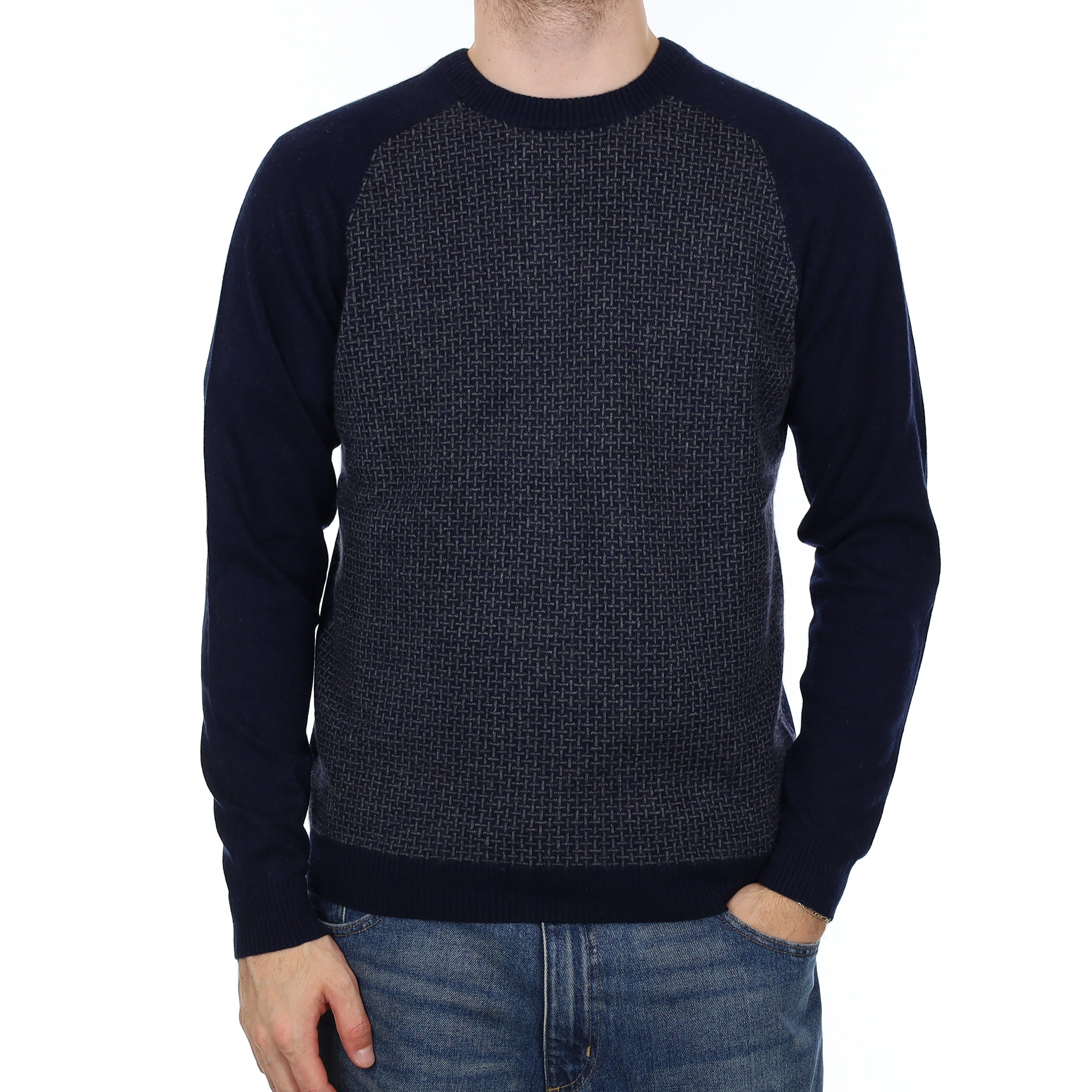 Men's Navy Patterned Cashmere Crew Neck Jumper Large