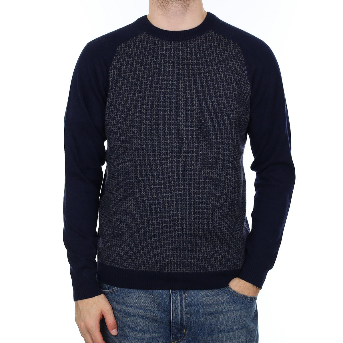 Men's Navy Patterned Cashmere Crew Neck Jumper Large