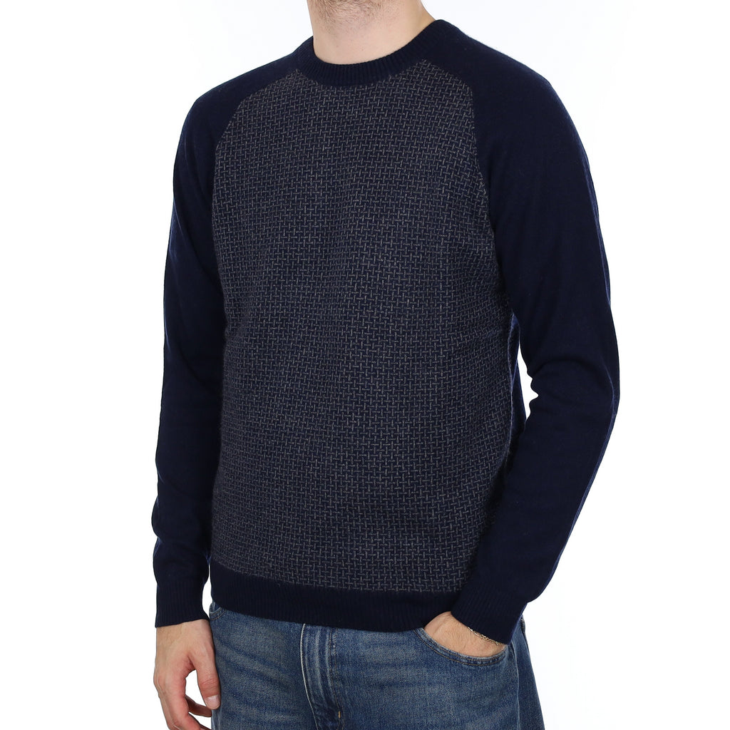Men's Navy Patterned Cashmere Crew Neck Jumper Large