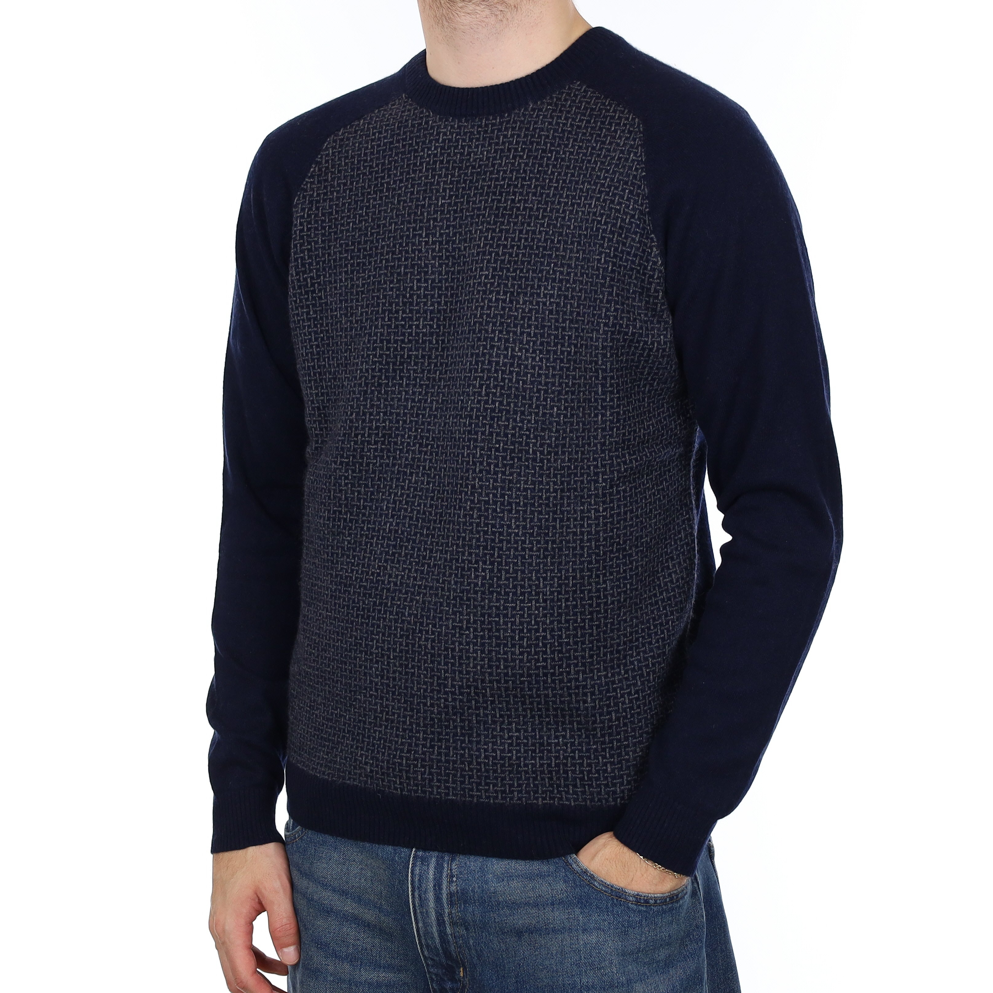 Men's Navy Patterned Cashmere Crew Neck Jumper Large