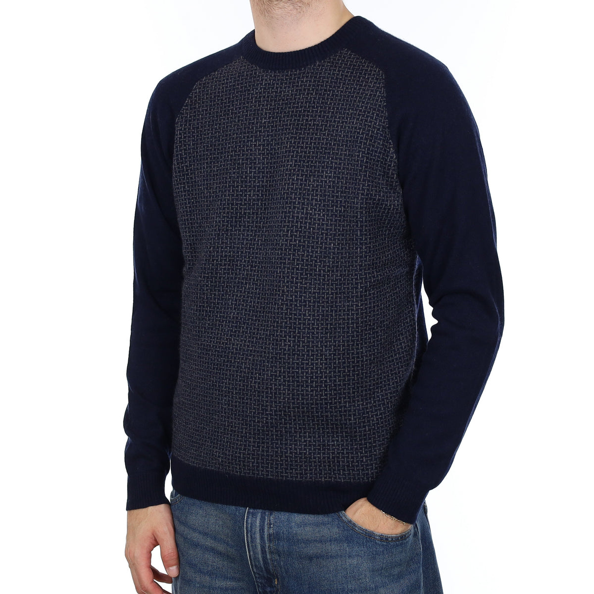Men's Navy Patterned Cashmere Crew Neck Jumper Large