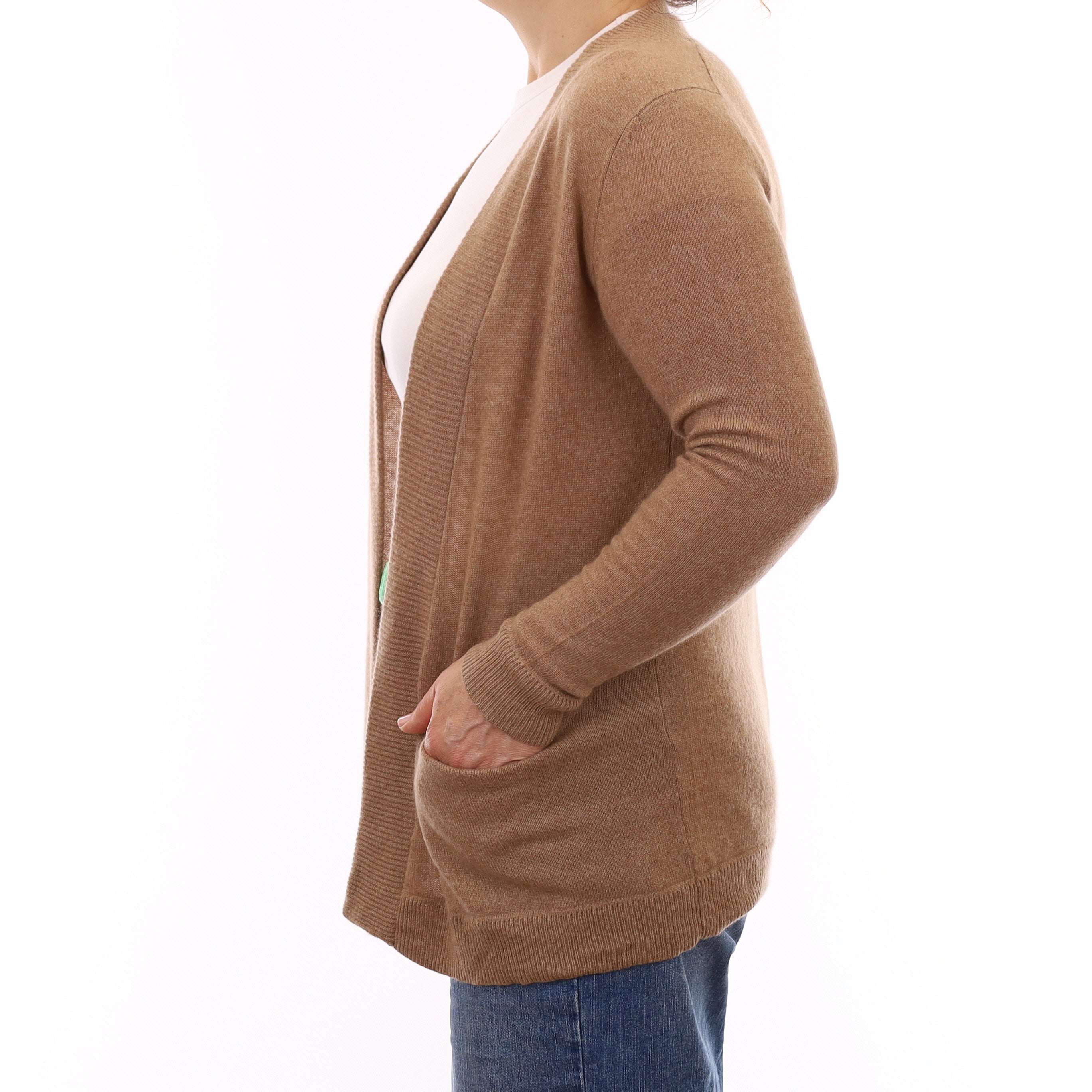 Camel Cashmere Edge to Edge Cardigan with Pockets Medium