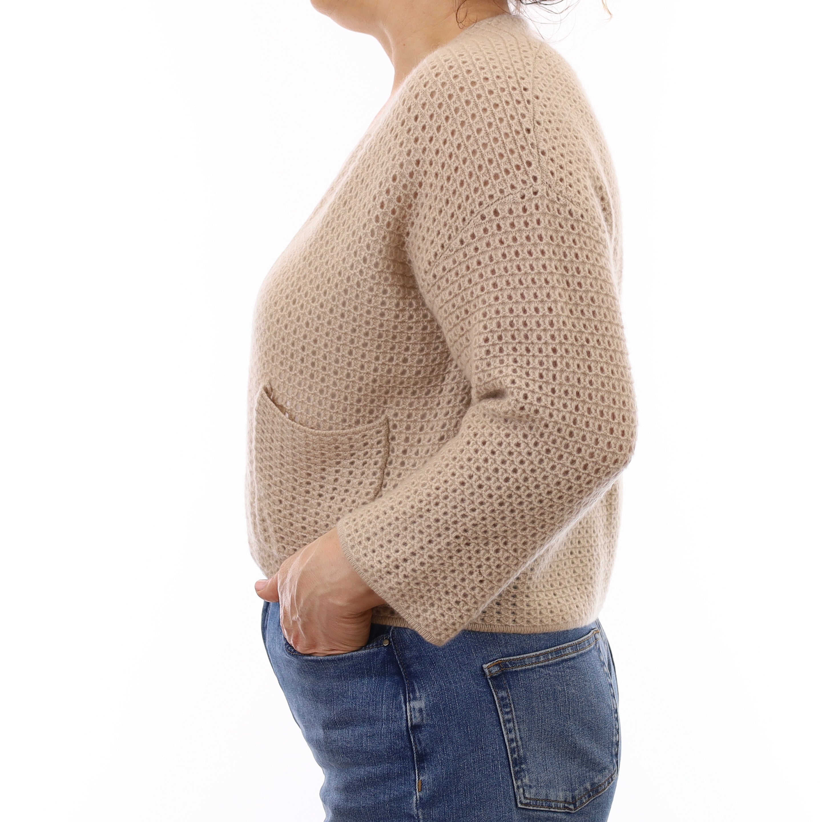 Fawn Chunky Lace Knit Cashmere Cardigan with Pockets Medium