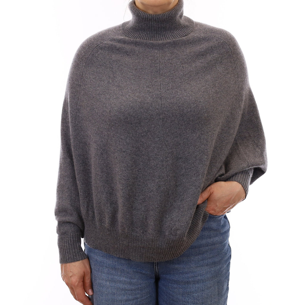 Ash Grey Cashmere Cape Style Polo Neck Jumper Medium