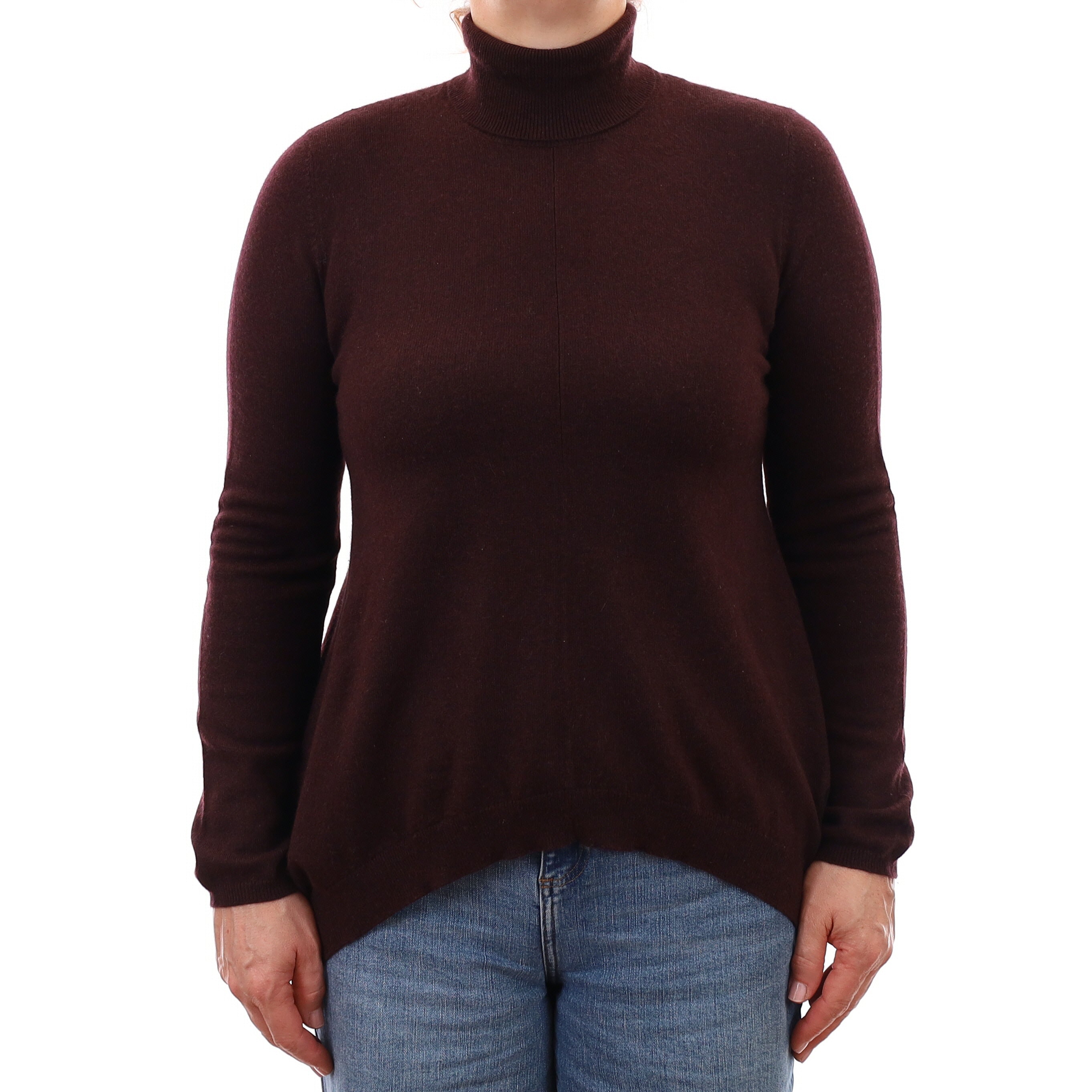 Aubergine Brown Cashmere Scooped Hem Polo Neck Jumper Medium