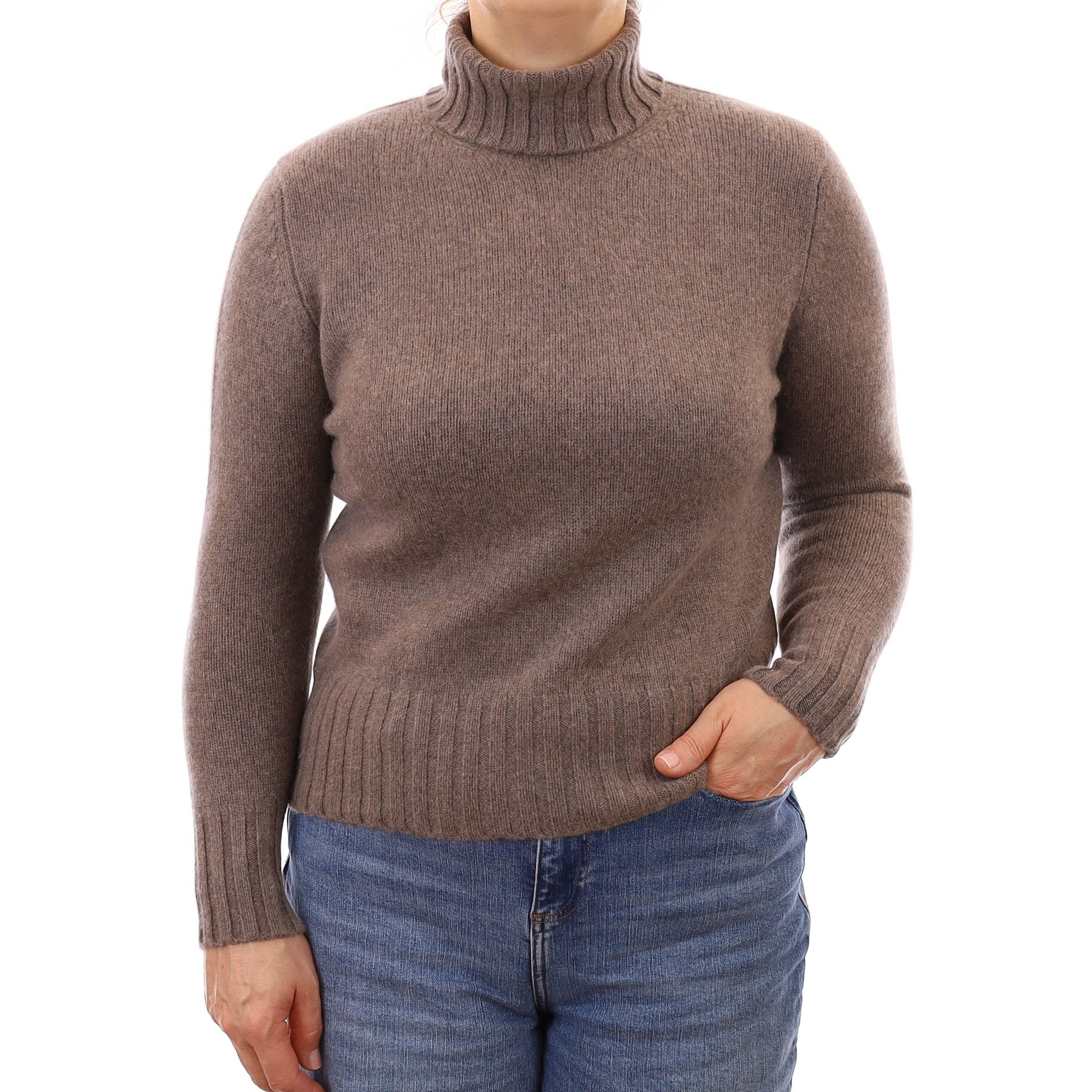 Mushroom Brown Chunky Cashmere Polo Neck Jumper Medium