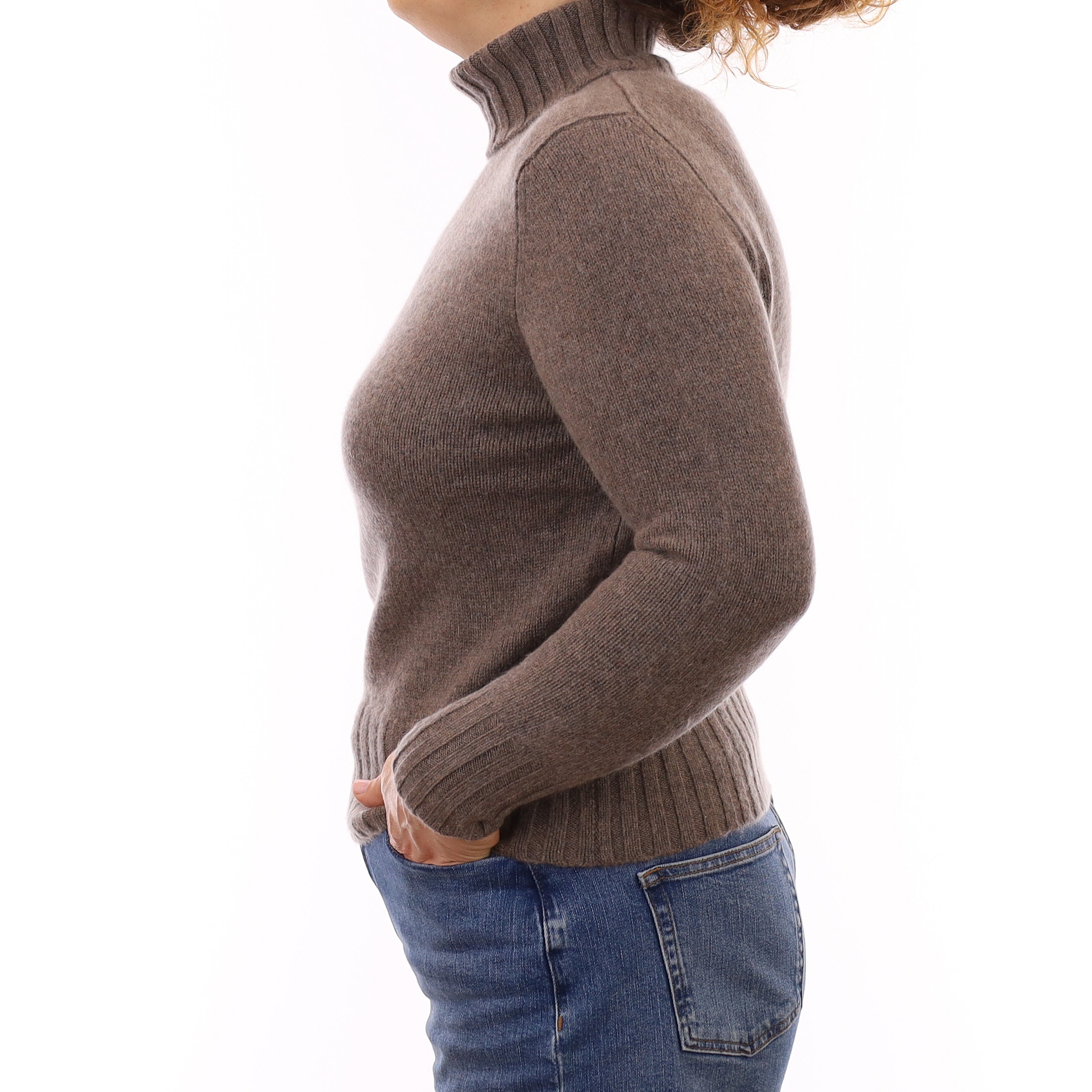 Mushroom Brown Chunky Cashmere Polo Neck Jumper Medium