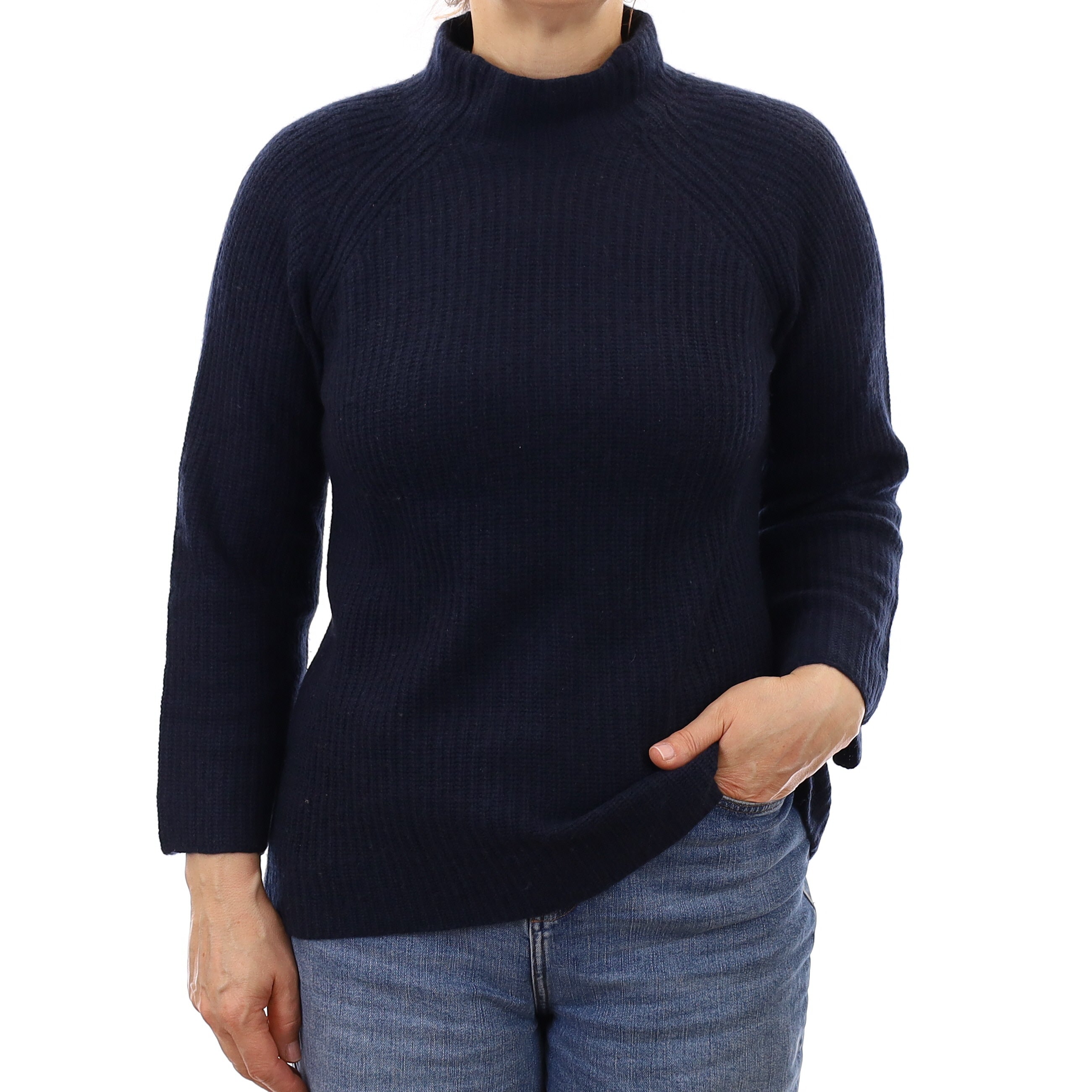 Navy Chunky Rib Cashmere Turtleneck Jumper Medium