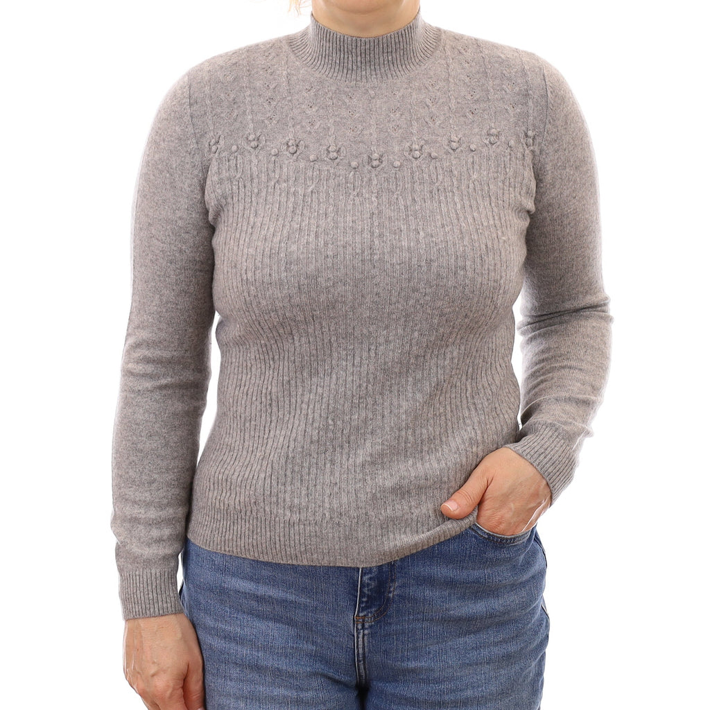 Smoke Grey Textured Front Cashmere Turtleneck Jumper Medium