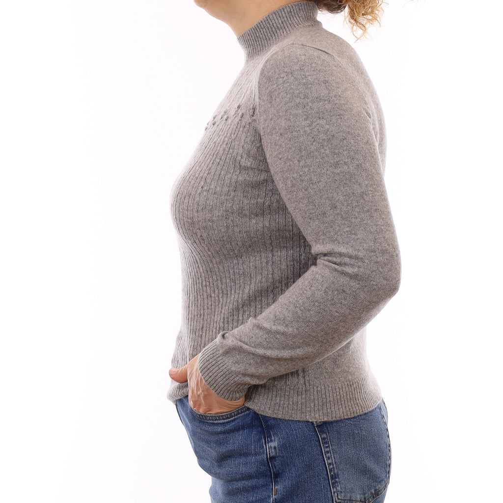 Smoke Grey Textured Front Cashmere Turtleneck Jumper Medium
