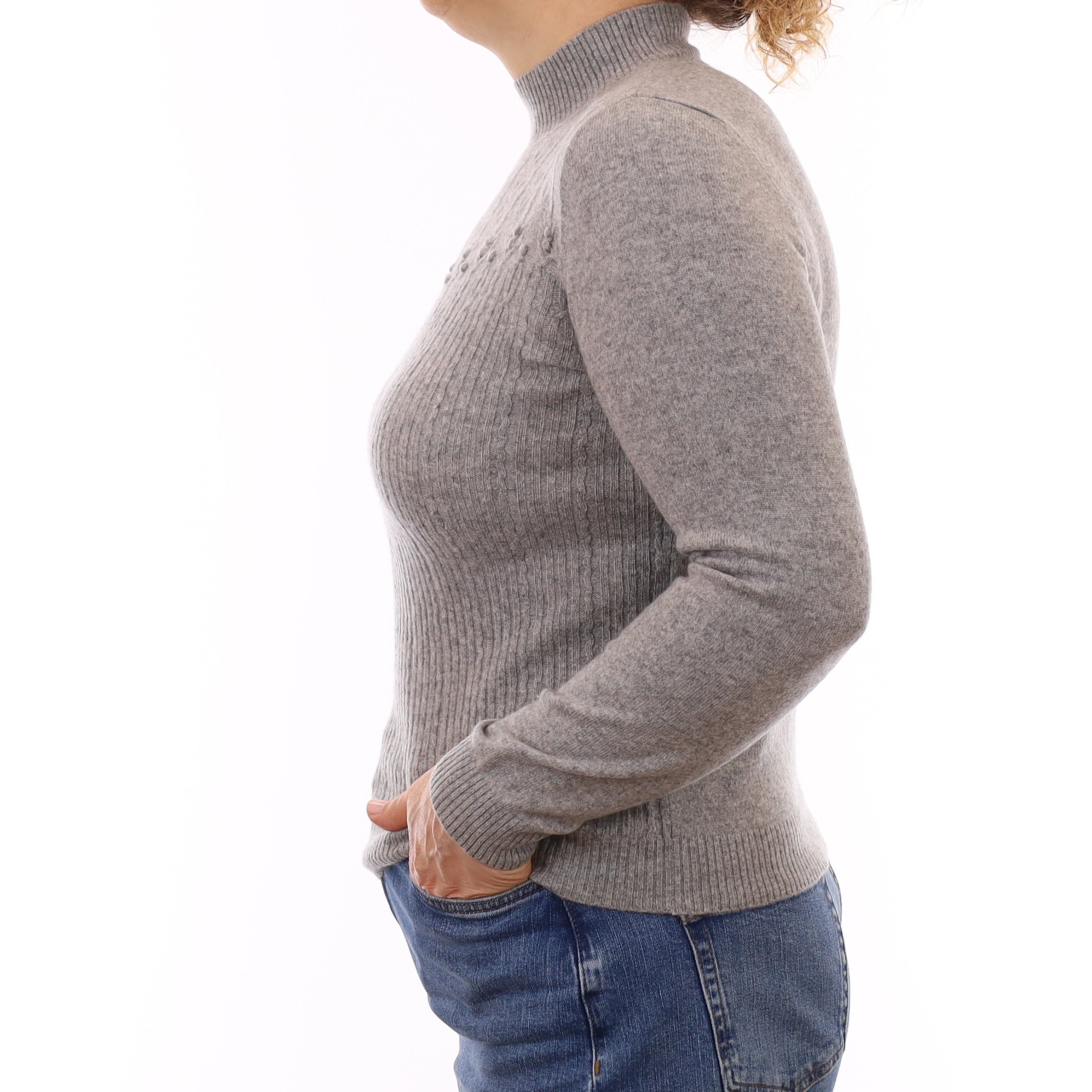 Smoke Grey Textured Front Cashmere Turtleneck Jumper Medium