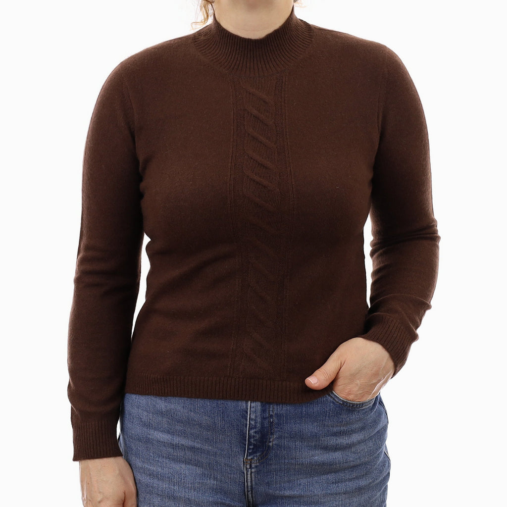 Chocolate Brown Cable Detail Cashmere Turtleneck Jumper Medium