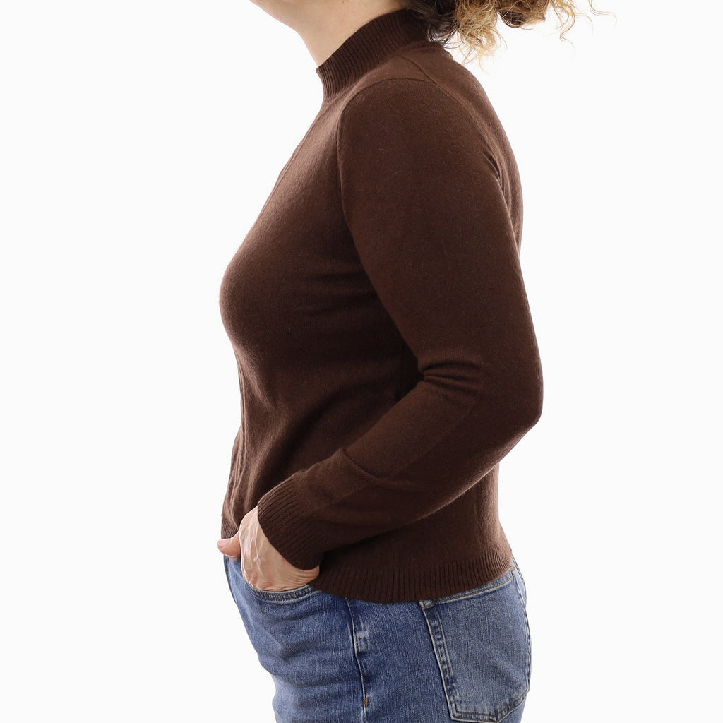 Chocolate Brown Cable Detail Cashmere Turtleneck Jumper Medium