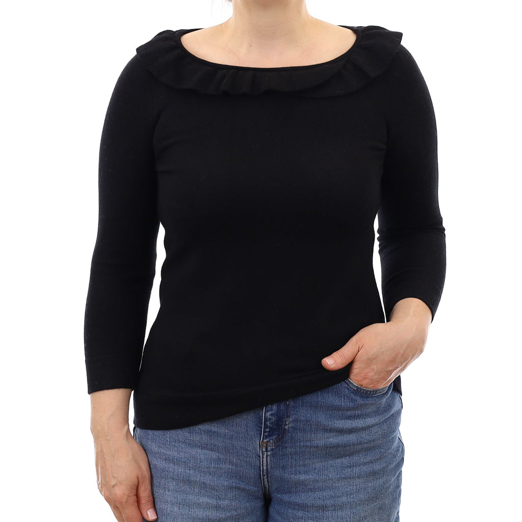 Black Cashmere Ruffle Crew Neck Jumper Medium