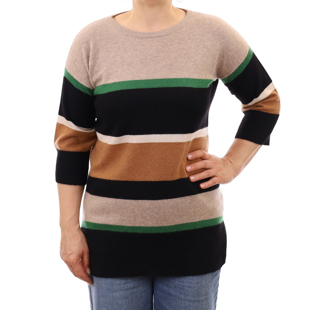 Jaeger Black and Green Stripe Cashmere Crew Neck Jumper Medium