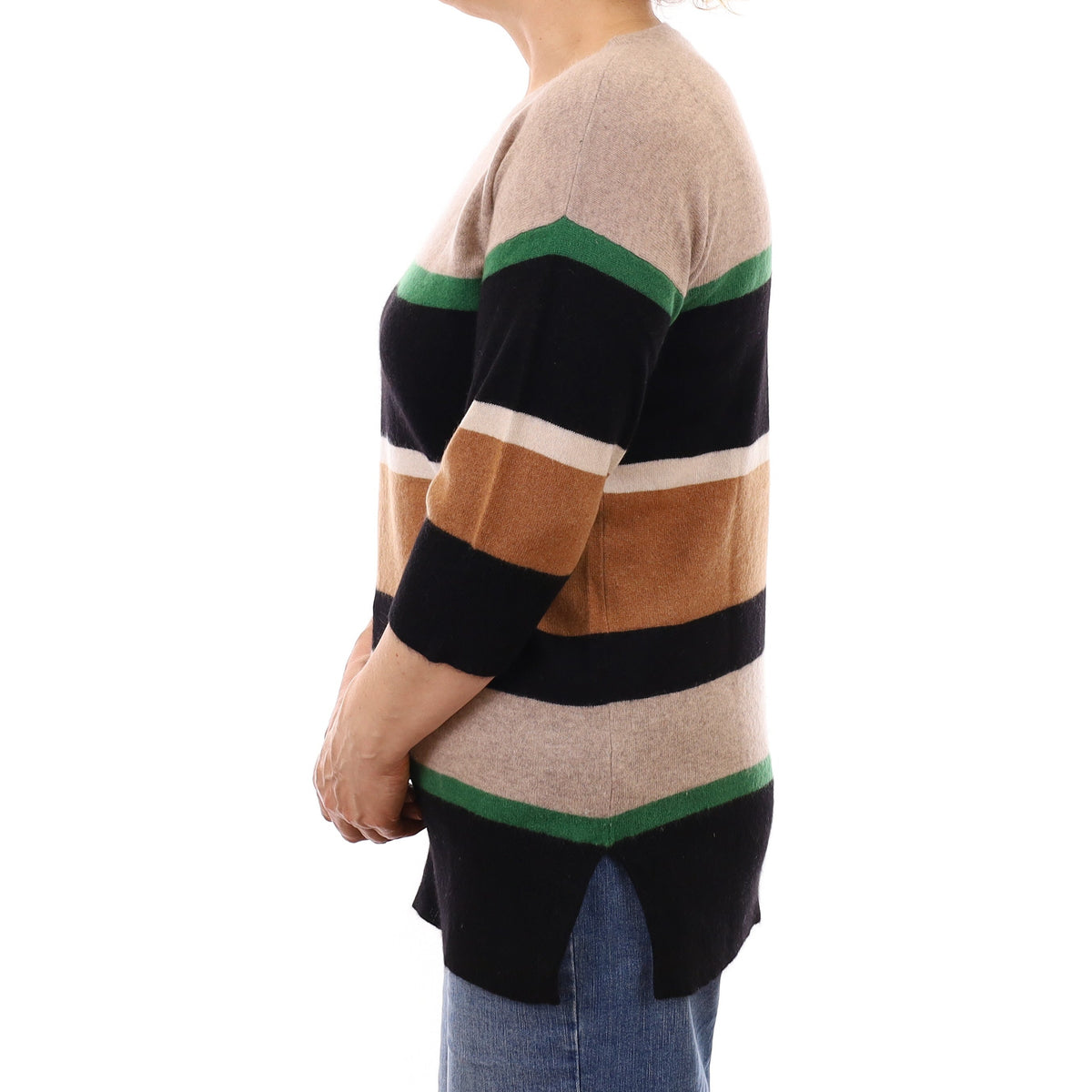 Jaeger Black and Green Stripe Cashmere Crew Neck Jumper Medium