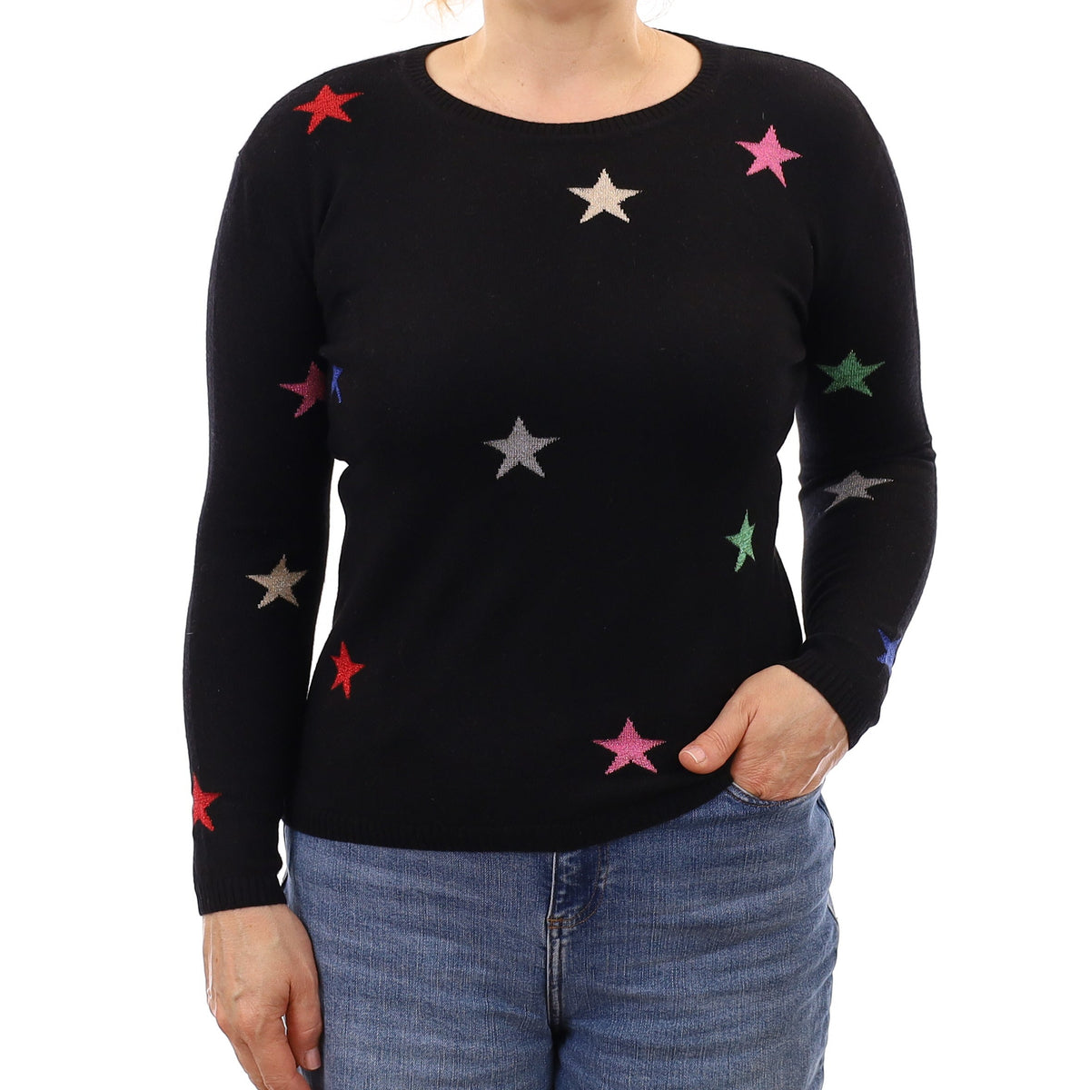 Black Multicolour Star Cashmere Crew Neck Jumper Medium