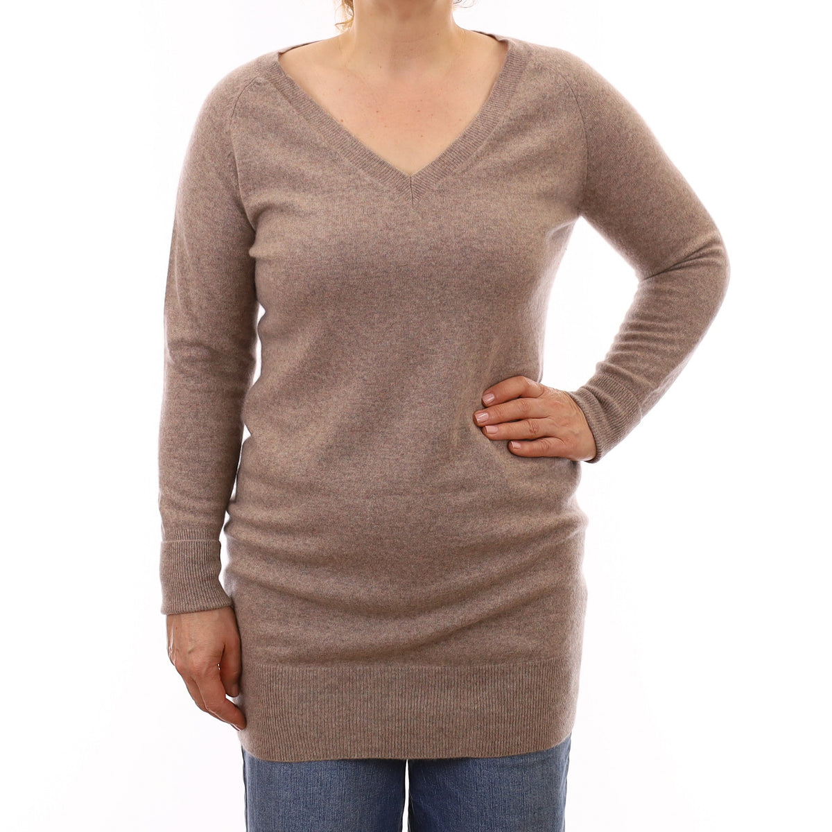 Mink Marl Cashmere Longline V Neck Jumper Medium