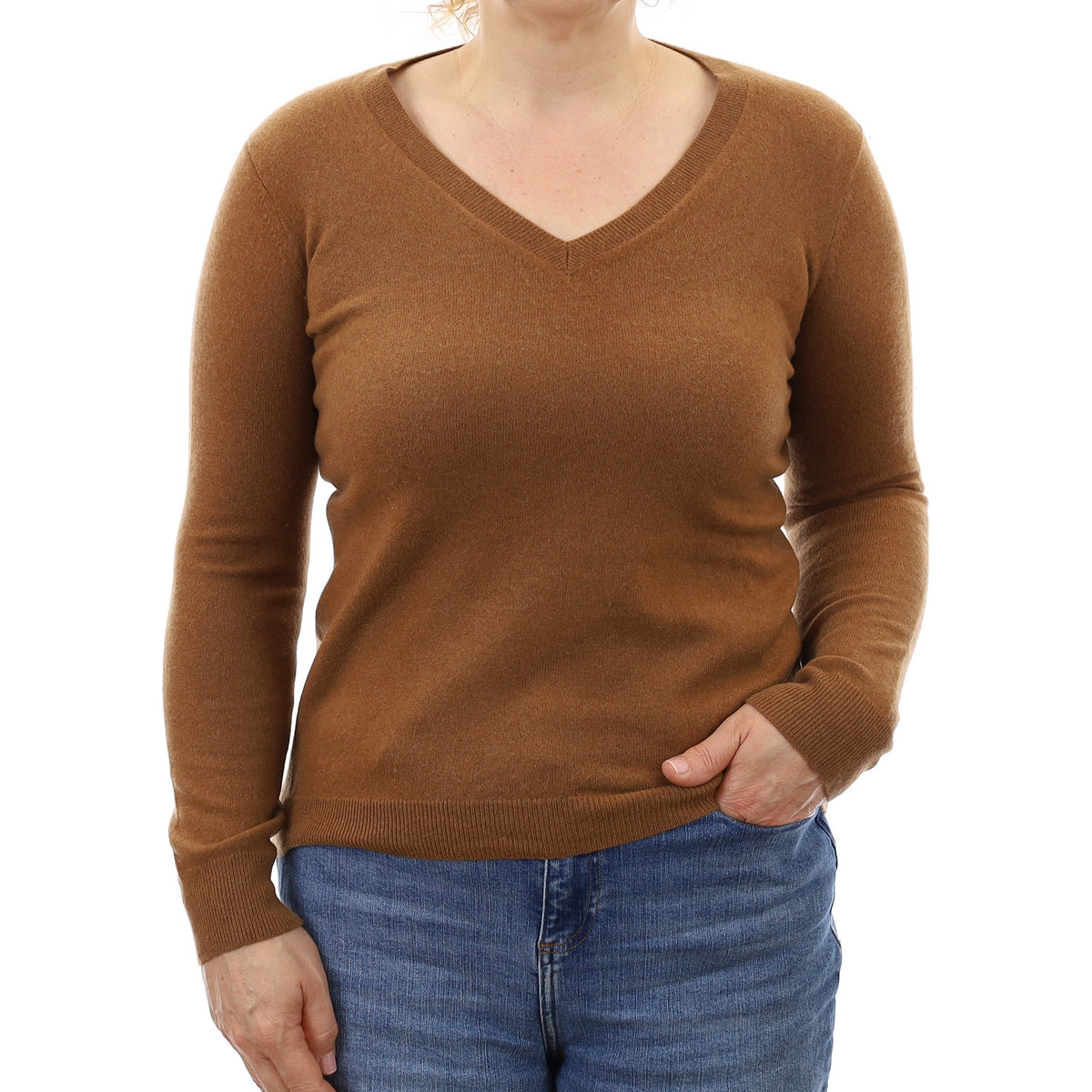 Cinnamon Brown Cashmere V Neck Jumper Medium