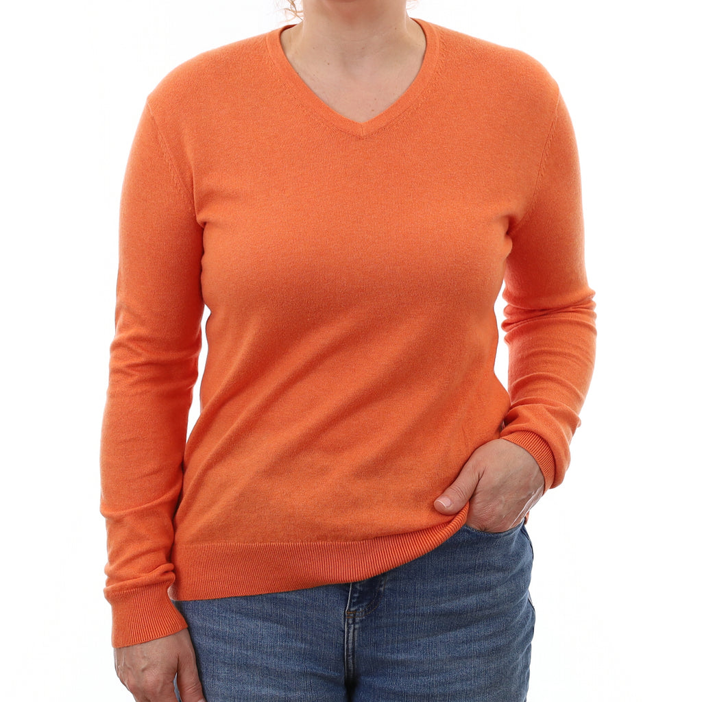 Sunset Orange Fine knit Cashmere V Neck Jumper Medium