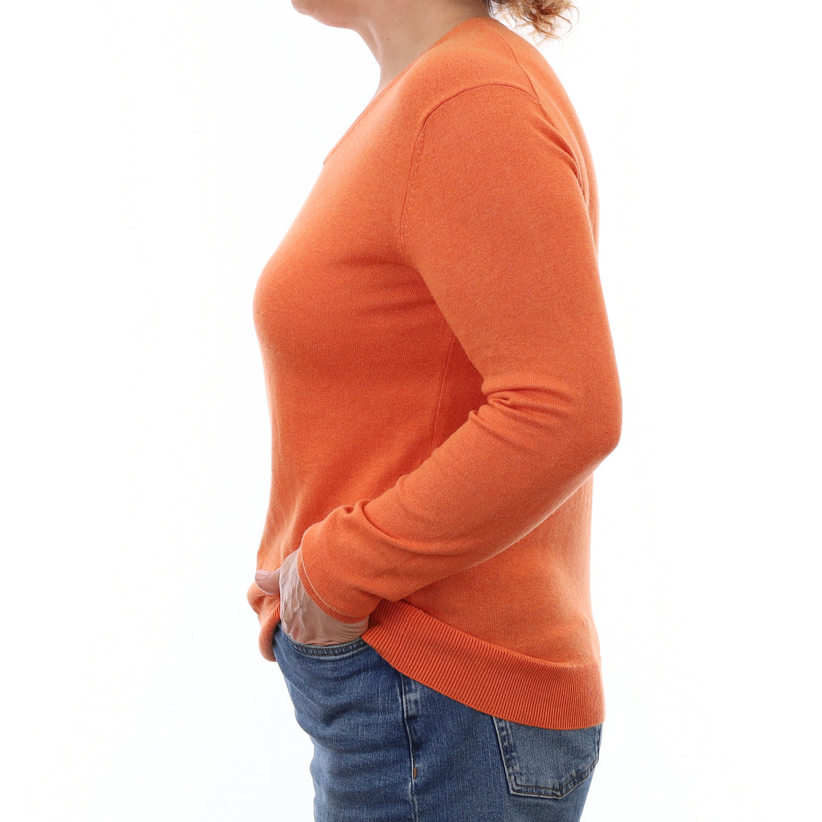 Sunset Orange Fine knit Cashmere V Neck Jumper Medium