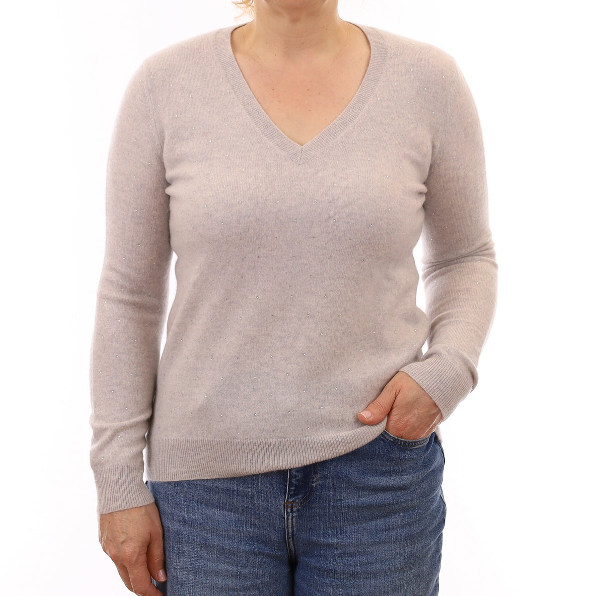 Frost Grey Diamanté Cashmere V Neck Jumper Medium