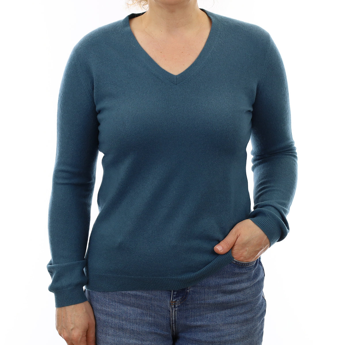 Dusky Teal Blue Cashmere V Neck Jumper Medium
