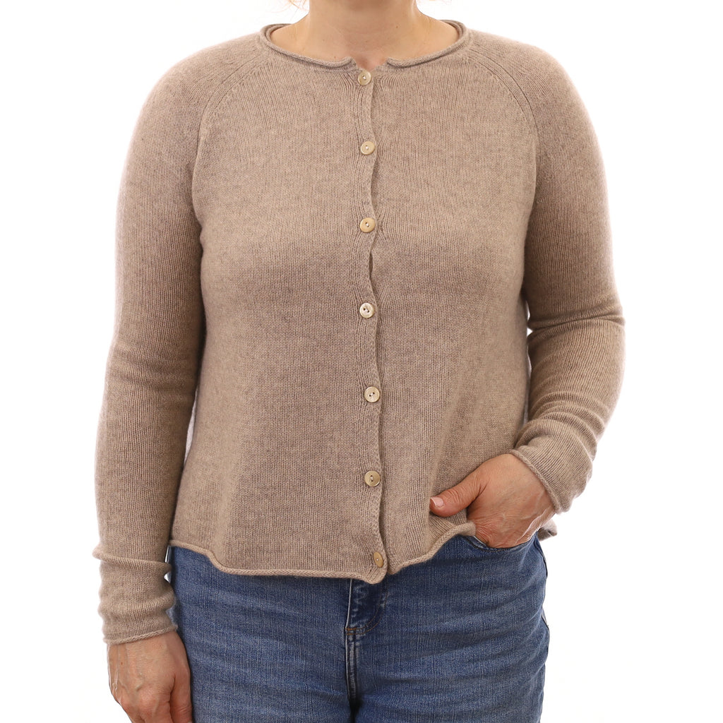 Fawn Heavy Knit Cashmere A-Line Cardigan with Bow Medium