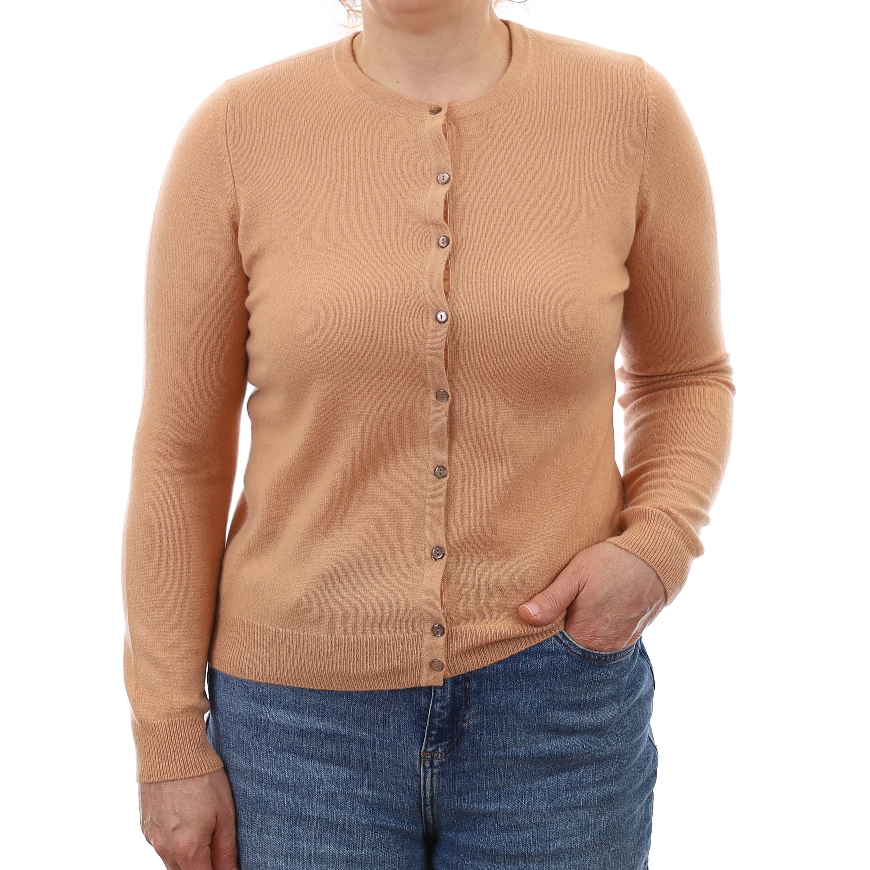 Caramel Brown Cashmere Crew Neck Cardigan Medium