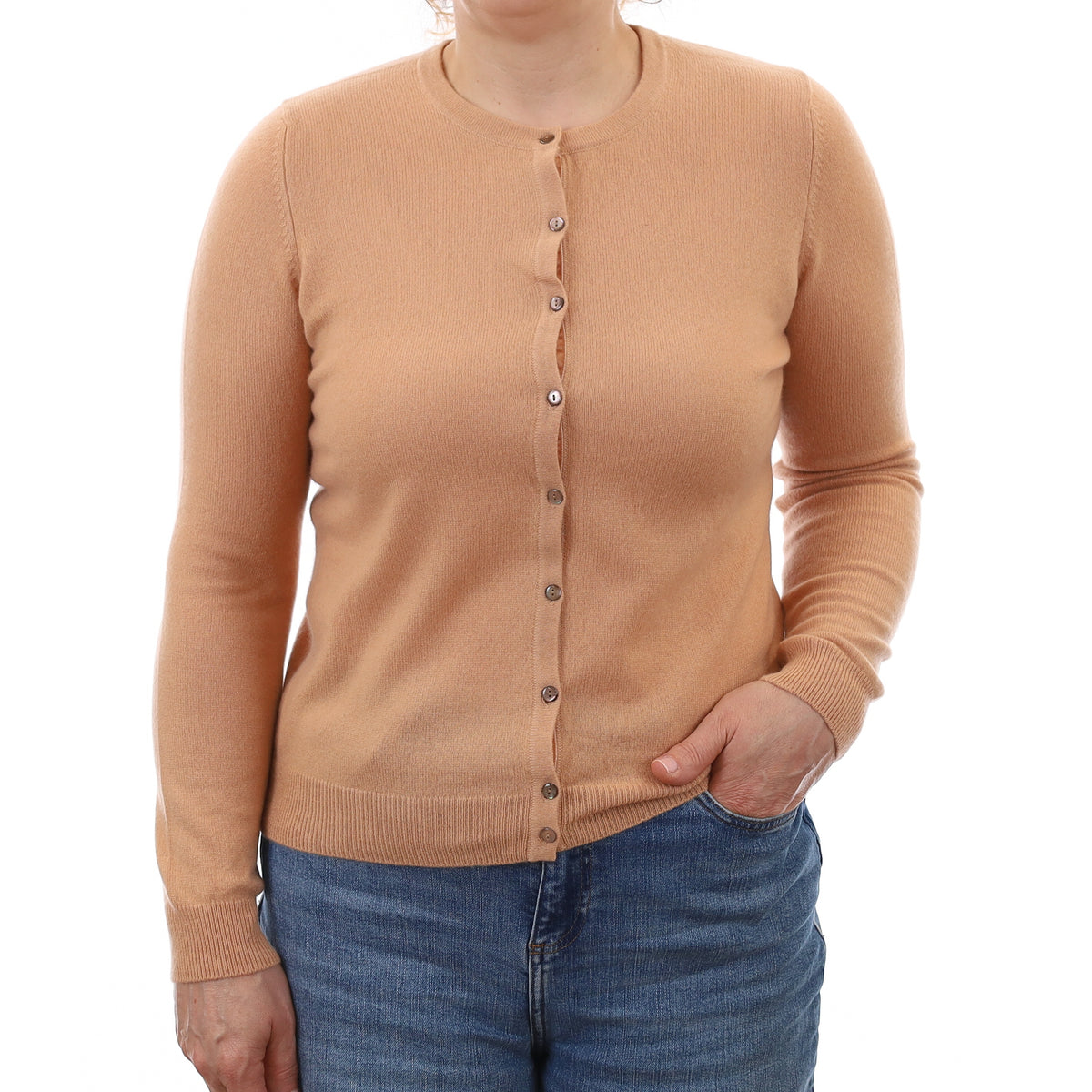 Caramel Brown Cashmere Crew Neck Cardigan Medium
