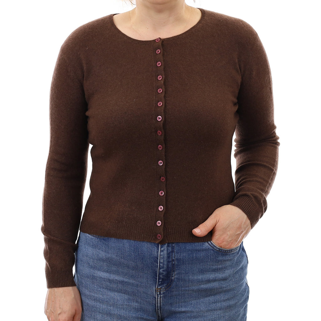Chocolate Brown Cashmere Crew Neck Cardigan Medium