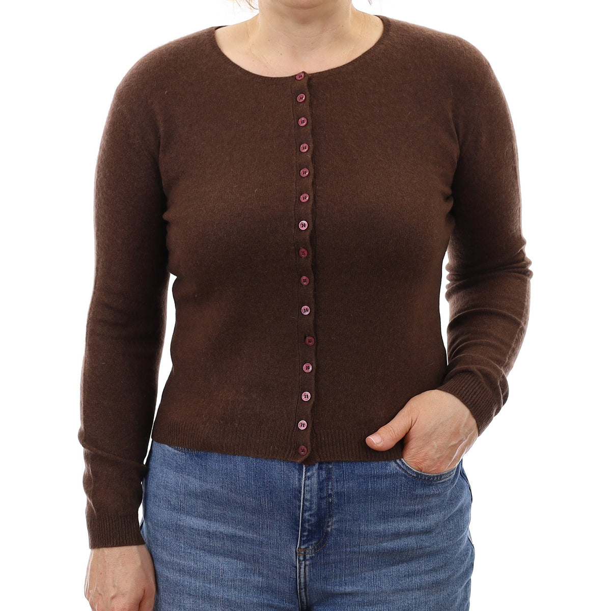 Chocolate Brown Cashmere Crew Neck Cardigan Medium