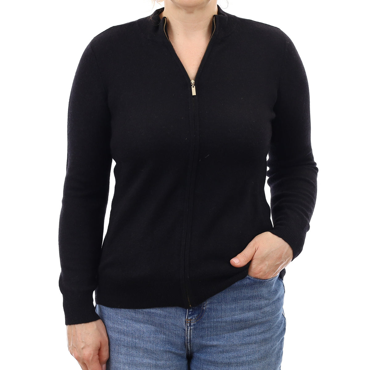 Black Cashmere Zip Up Cardigan with Pockets Medium