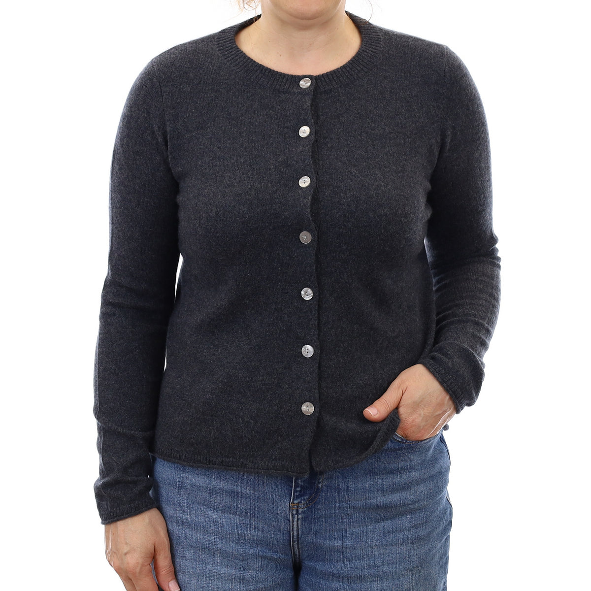 Granite Grey Cashmere Crew Neck Cardigan Medium