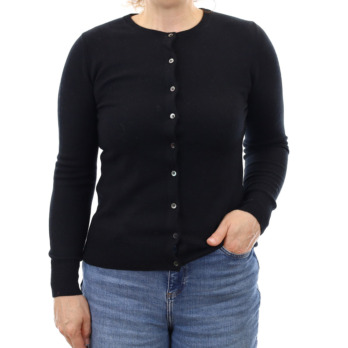 Black Cashmere Crew Neck Cardigan Medium