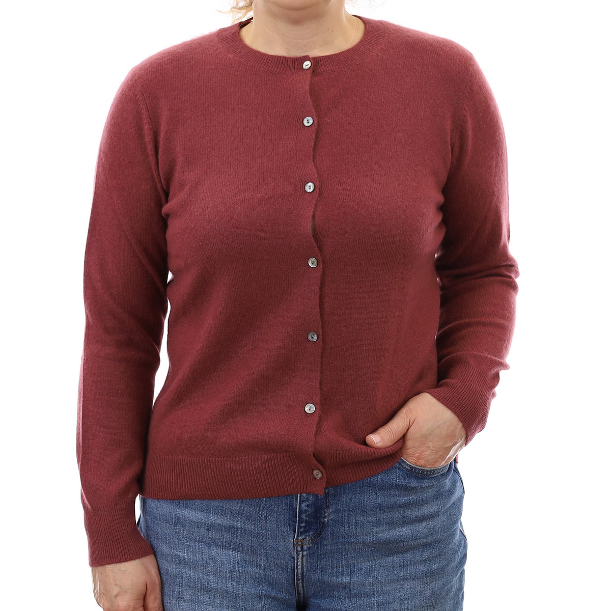 Deep Heather Pink Cashmere Crew Neck Cardigan Medium