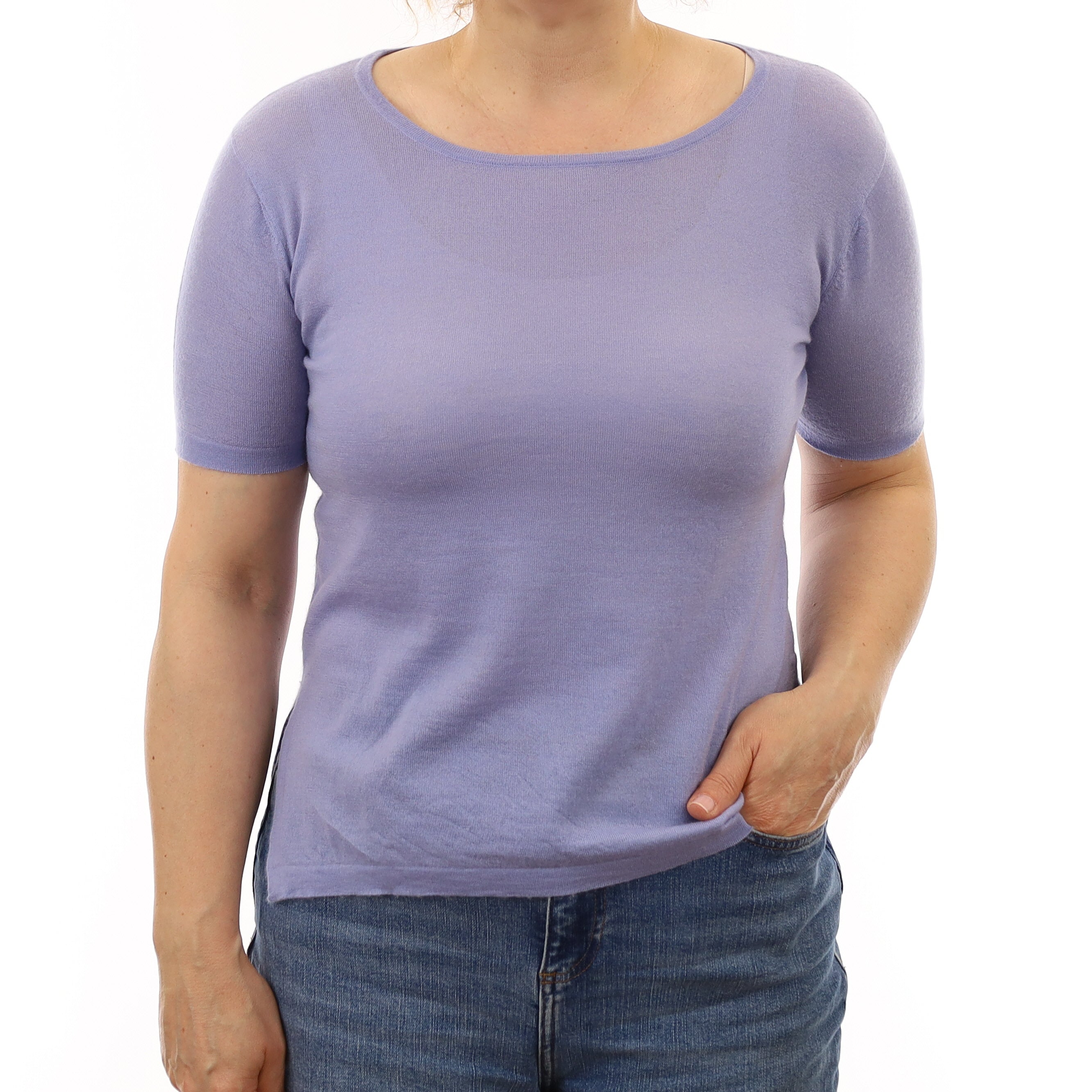 Powder Blue Fine Knit Cashmere Short Sleeve Crew Neck Jumper Medium
