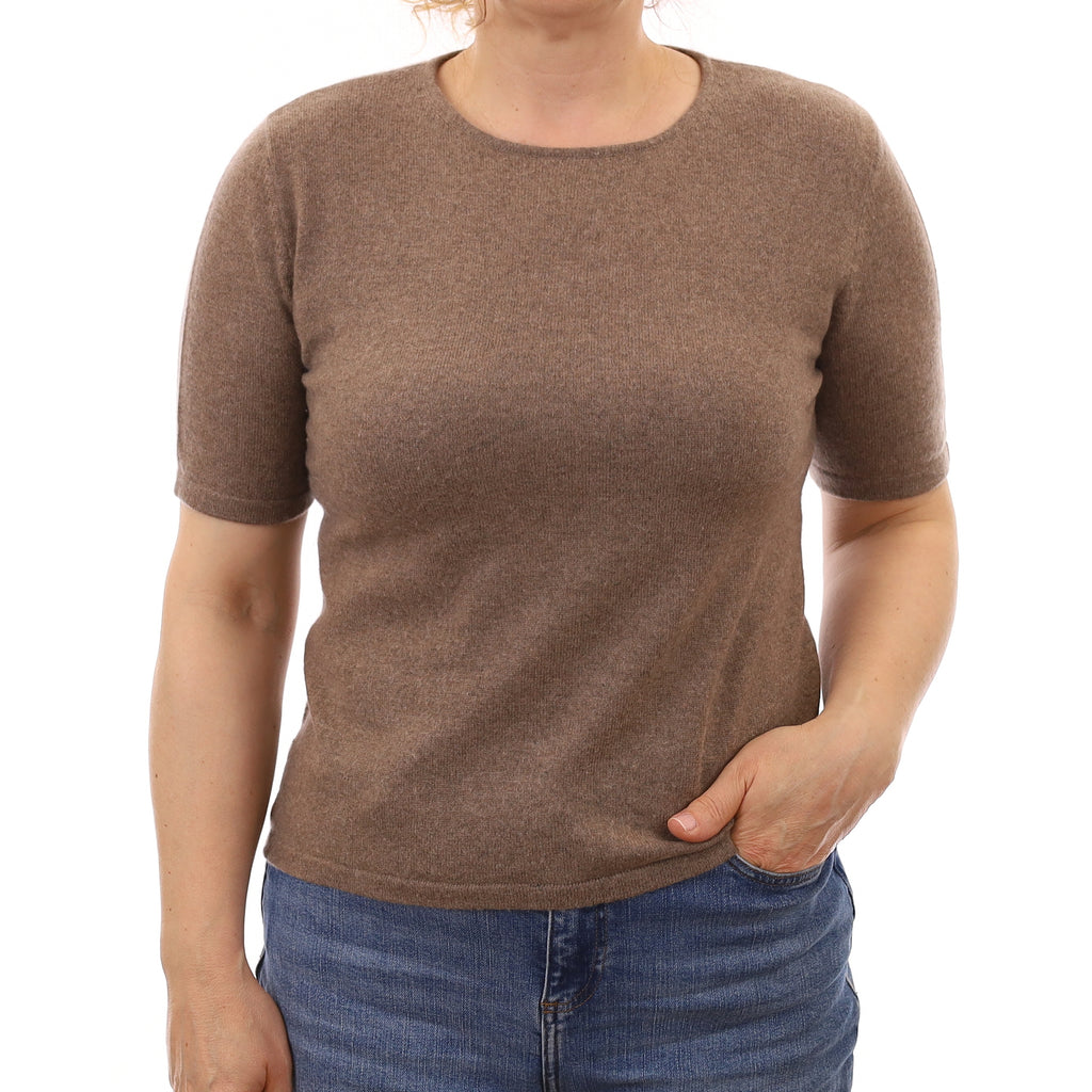 Mocha Brown Cashmere Short Sleeve Crew Neck Jumper Medium
