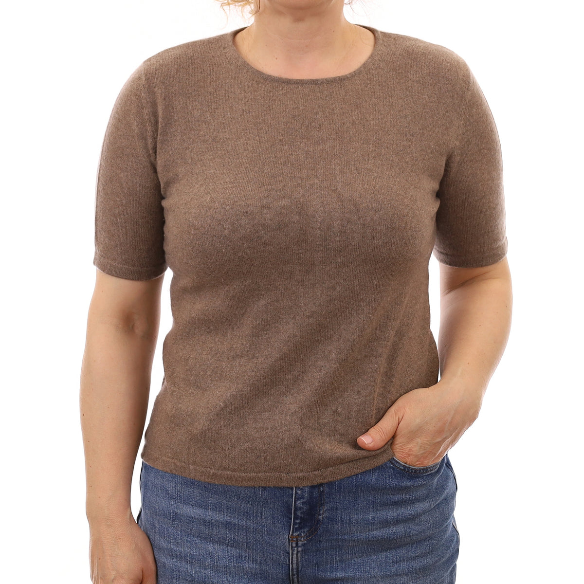 Mocha Brown Cashmere Short Sleeve Crew Neck Jumper Medium