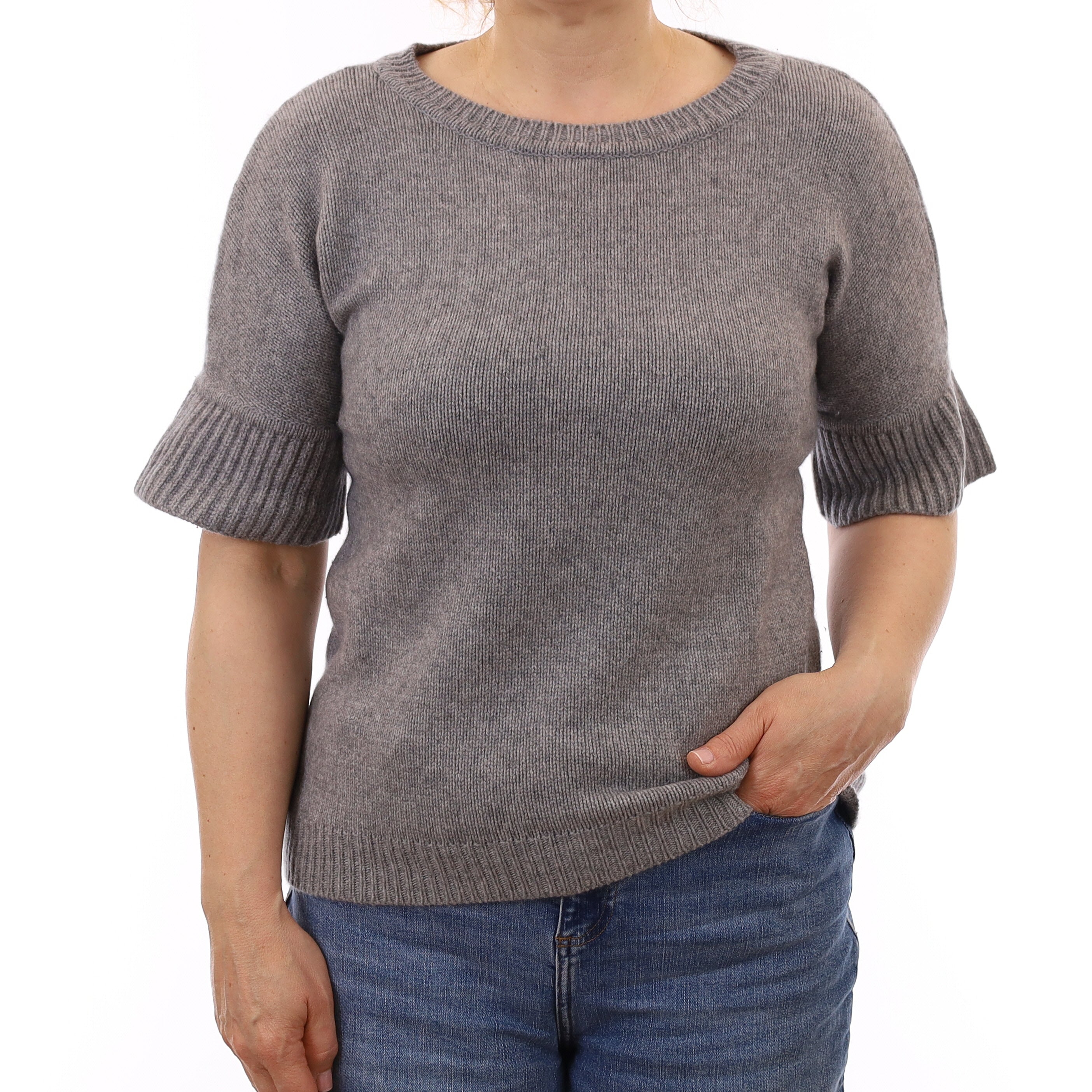 Smoke Grey Chunky Cashmere Short Flared Sleeve Jumper Medium