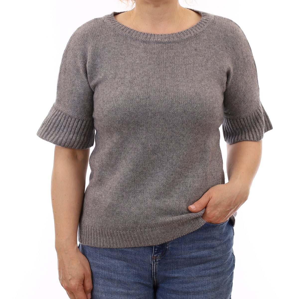 Smoke Grey Chunky Cashmere Short Flared Sleeve Jumper Medium