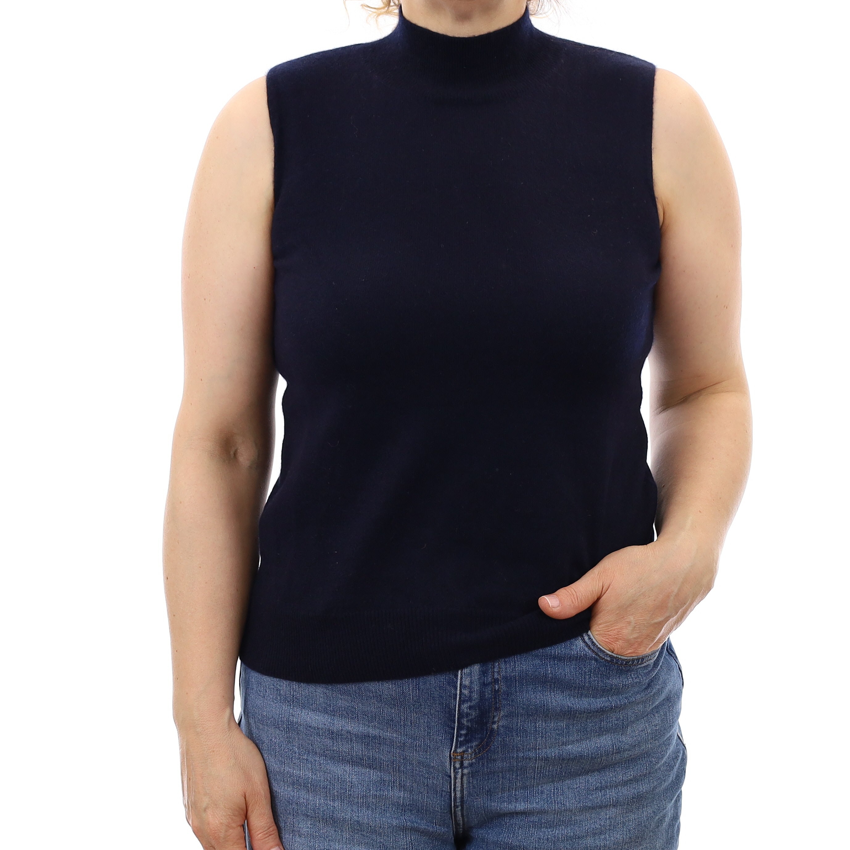 Dark Navy Cashmere Sleeveless Turtleneck Jumper Medium