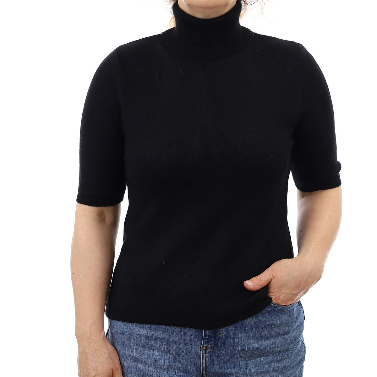 Black Heavy Knit Cashmere Short Sleeve Polo Neck Jumper Medium