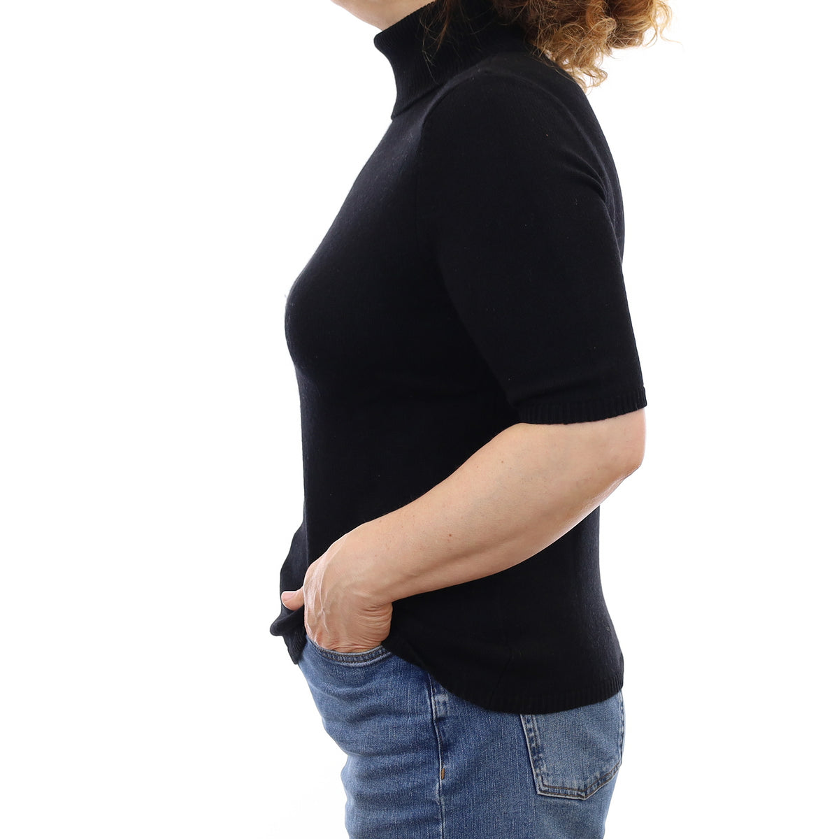 Black Heavy Knit Cashmere Short Sleeve Polo Neck Jumper Medium