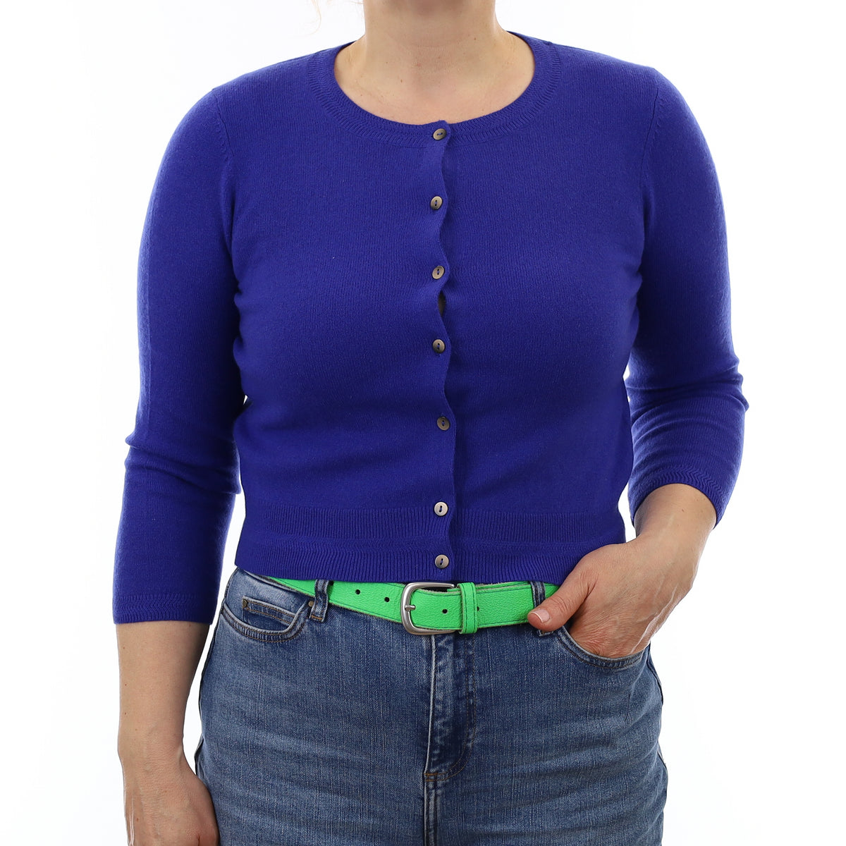 Brand New Royal Blue Cashmere Cropped Crew Neck Cardigan Medium